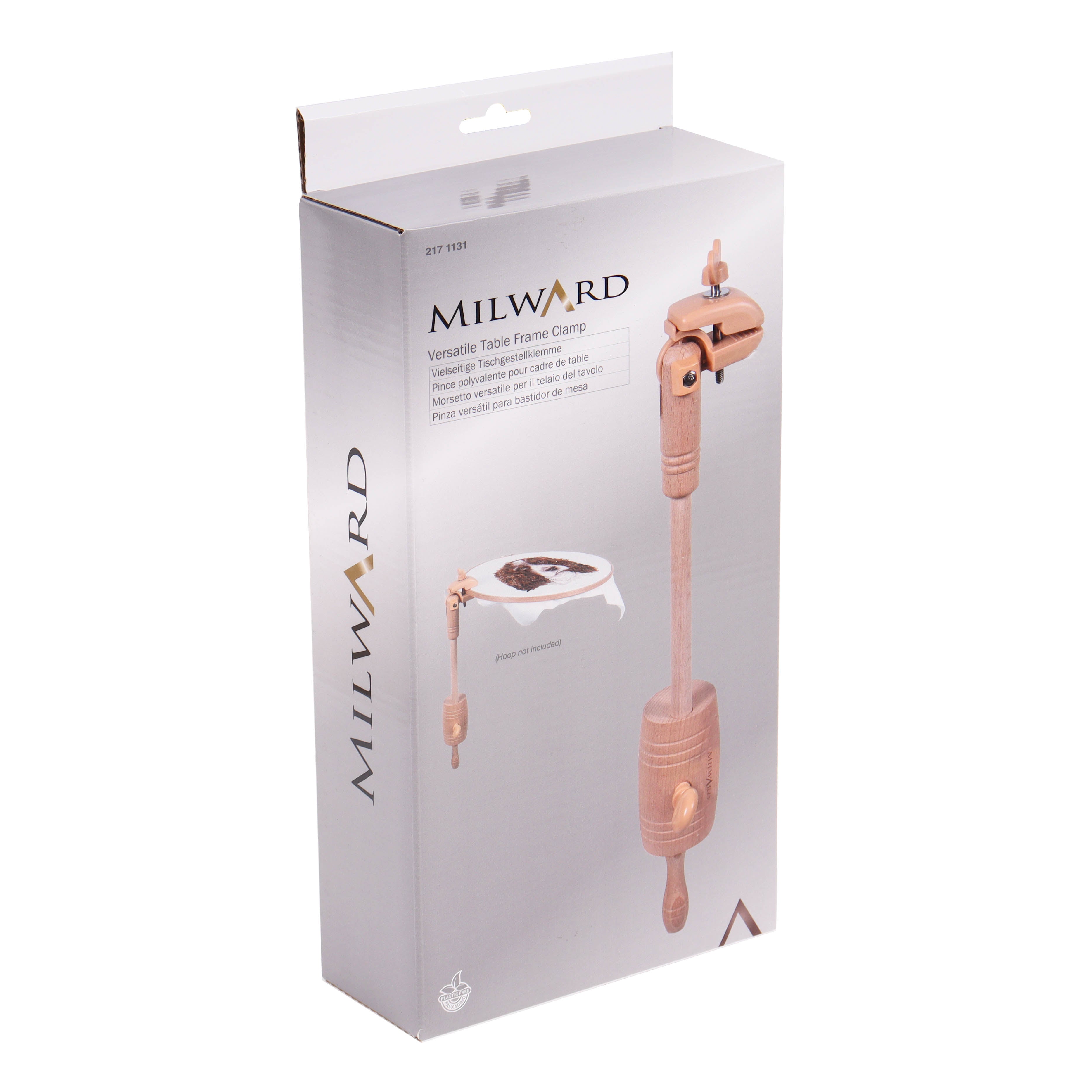 Milward Versatile Table Clamp in beech wood packaging showing the assembled stand and clamp.