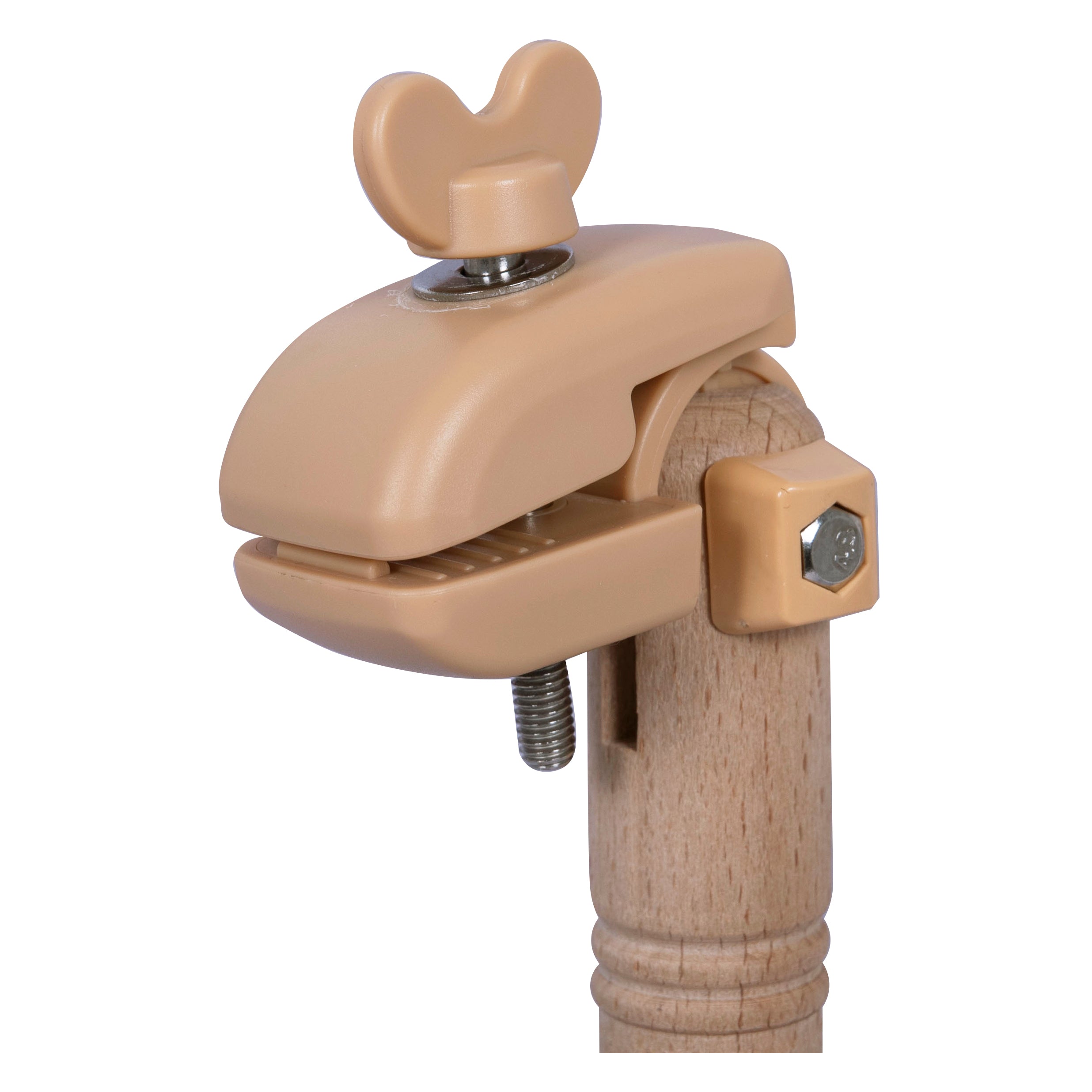 Close-up of a Milward beech wood table clamp with tan plastic adjustable grip and wing nut.