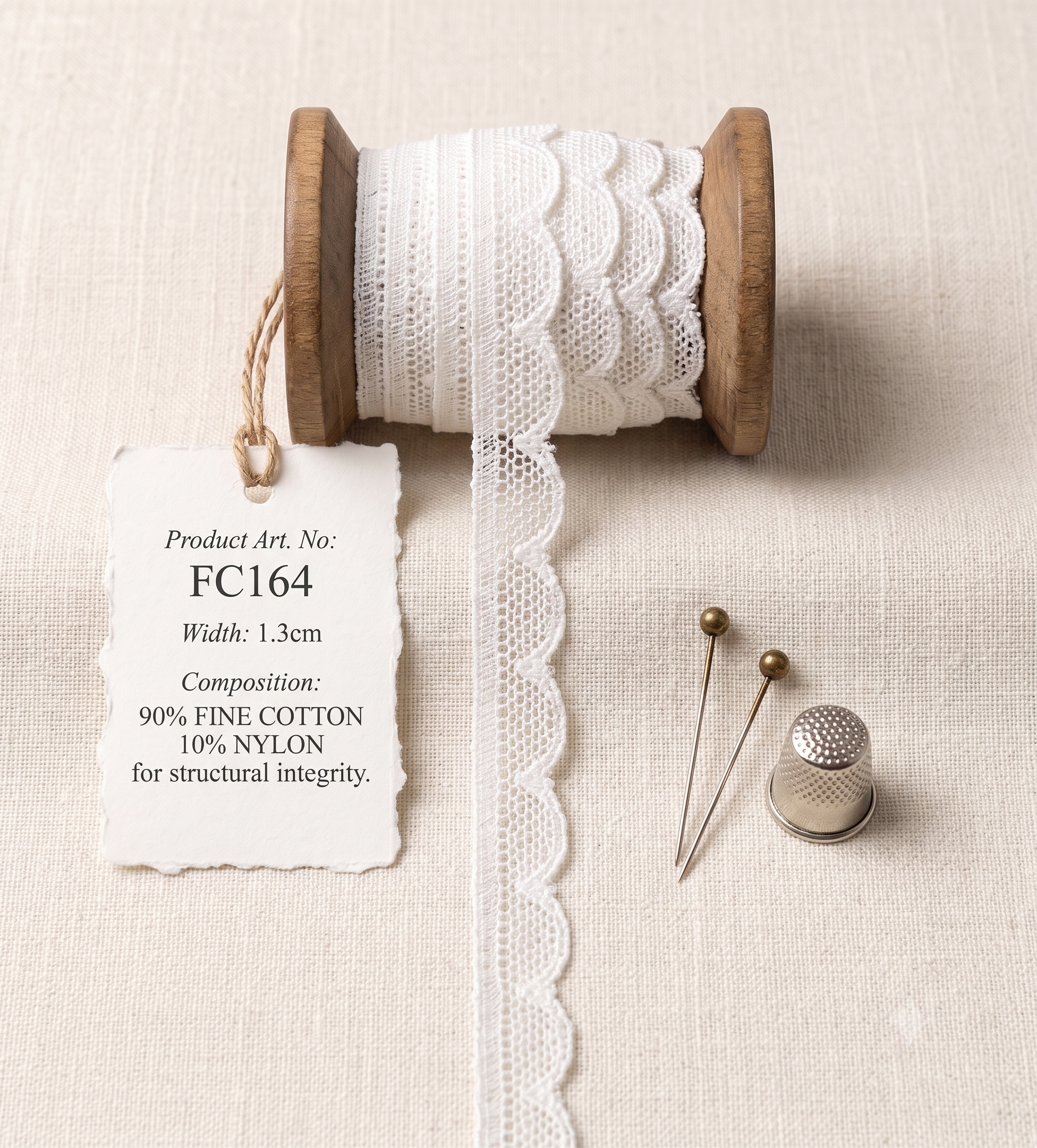 White Cluny lace trim on a wooden spool with a product tag, pins, and a thimble.