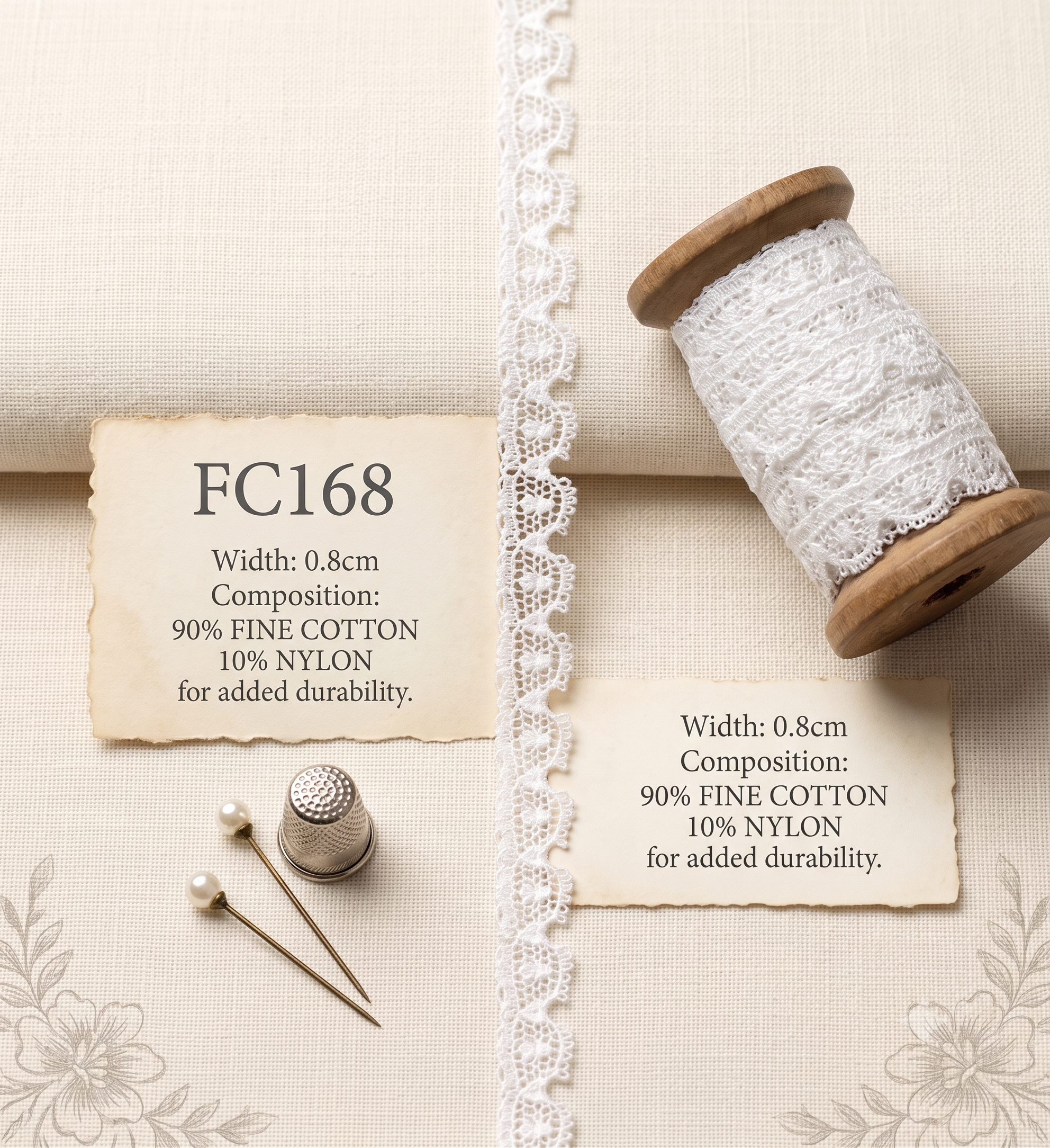 White 0.8cm Cluny lace trim FC168 on a wooden spool with sewing pins and a thimble.