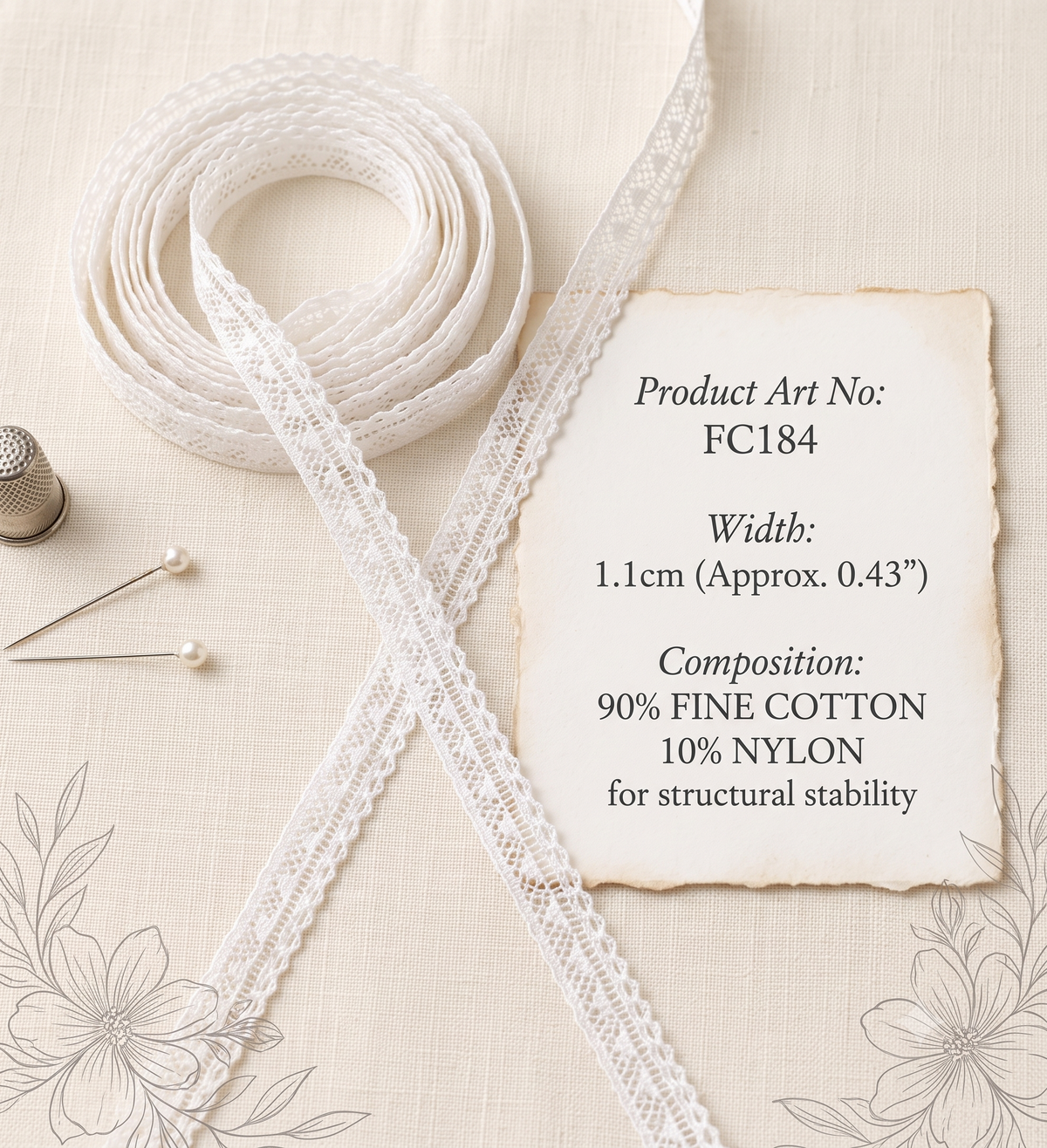 White Cluny lace trim FC184, 1.1cm wide, made of 90% fine cotton and 10% nylon.