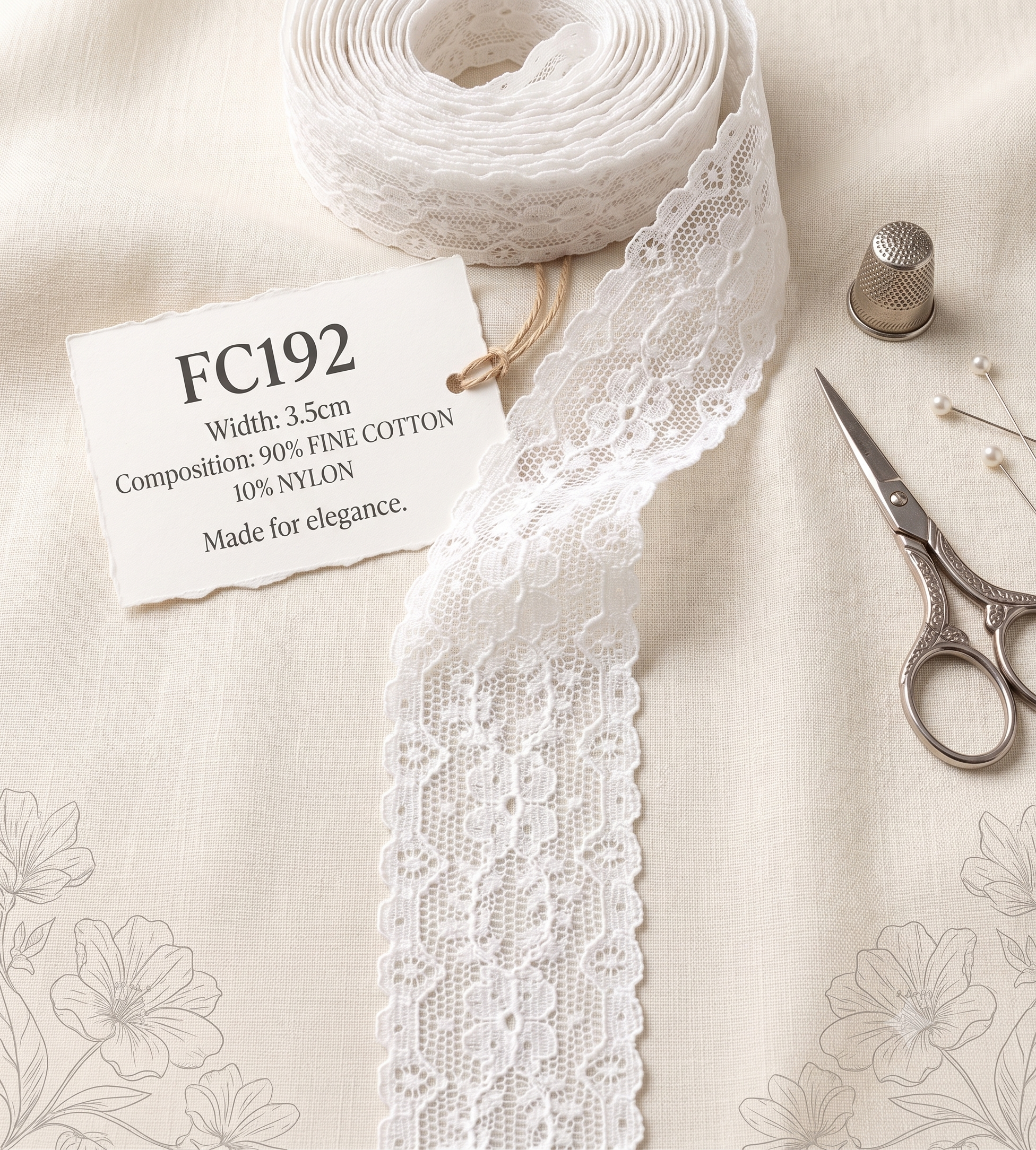 White FC192 Cluny lace trim roll on fabric with scissors, thimble, and a 3.5cm width product tag.