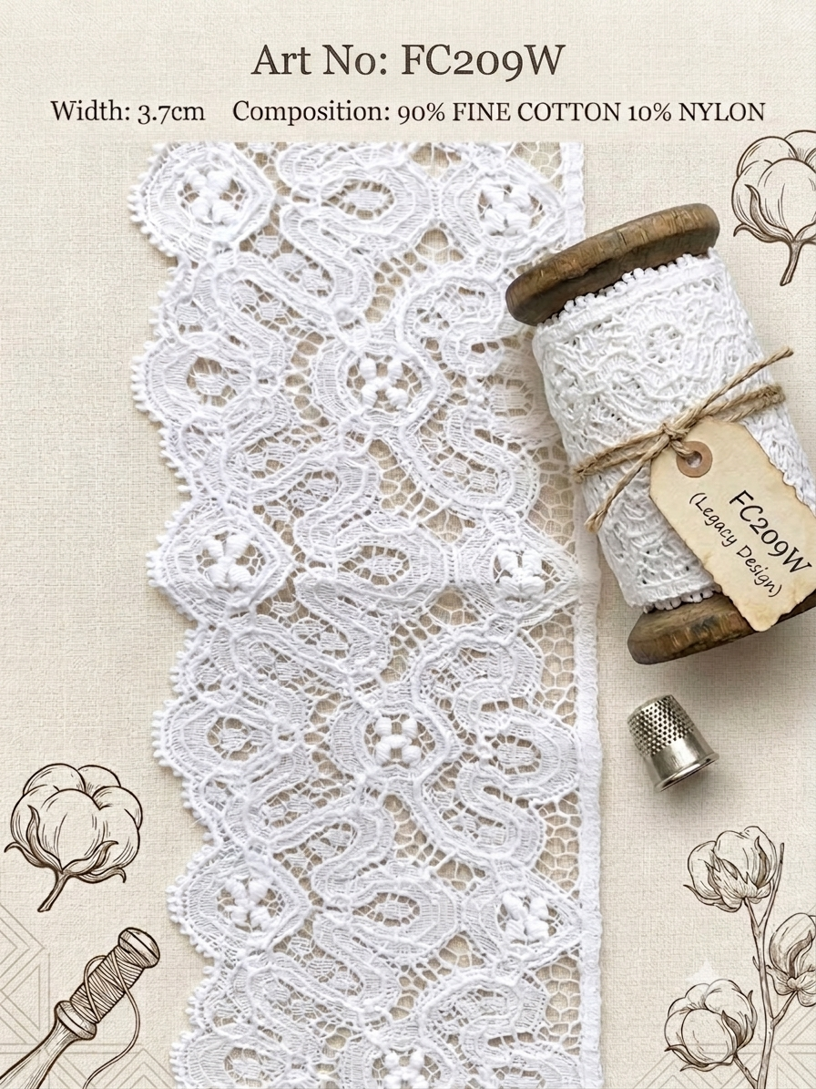 White Cluny lace trim with floral patterns, 3.7cm wide, 90% fine cotton and 10% nylon.