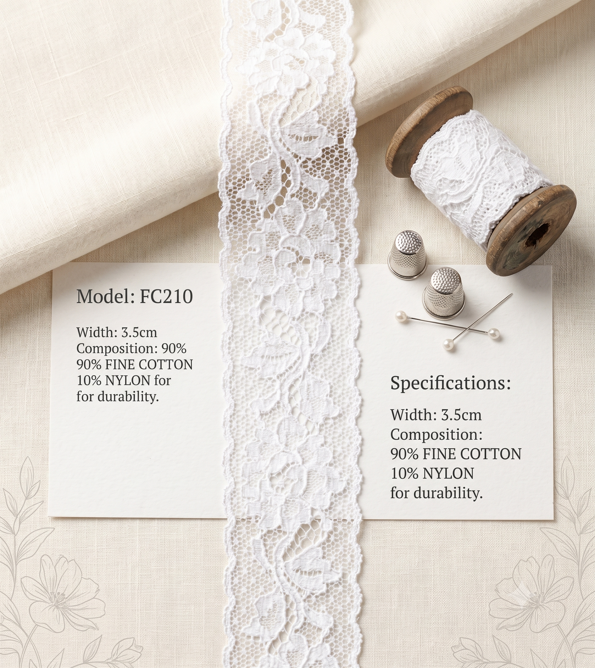 White floral Cluny lace trim, 3.5cm wide, displayed with a wooden spool and sewing thimbles.