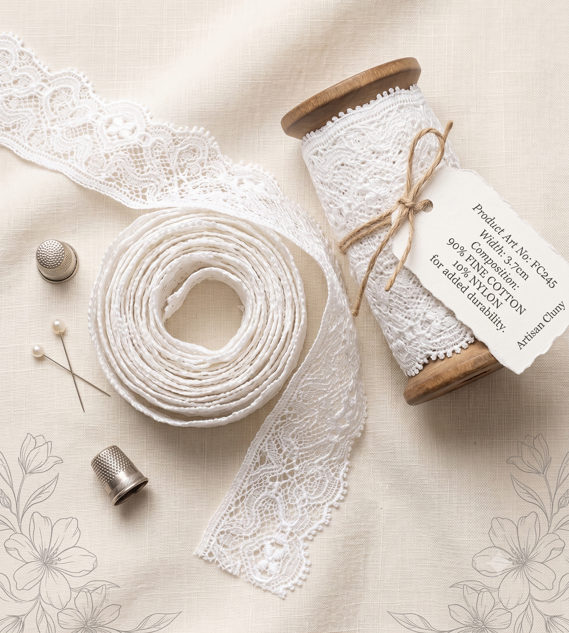 White Cluny lace trim on a wooden spool and coiled on fabric with sewing thimbles and pins.