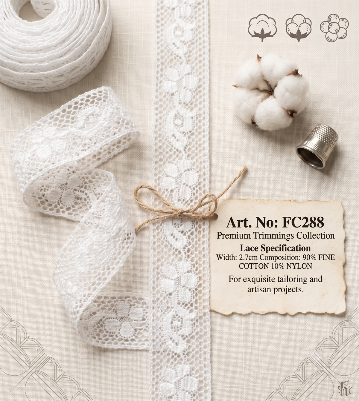 White Cluny lace trim with floral patterns, cotton boll, and thimble on a neutral fabric background.