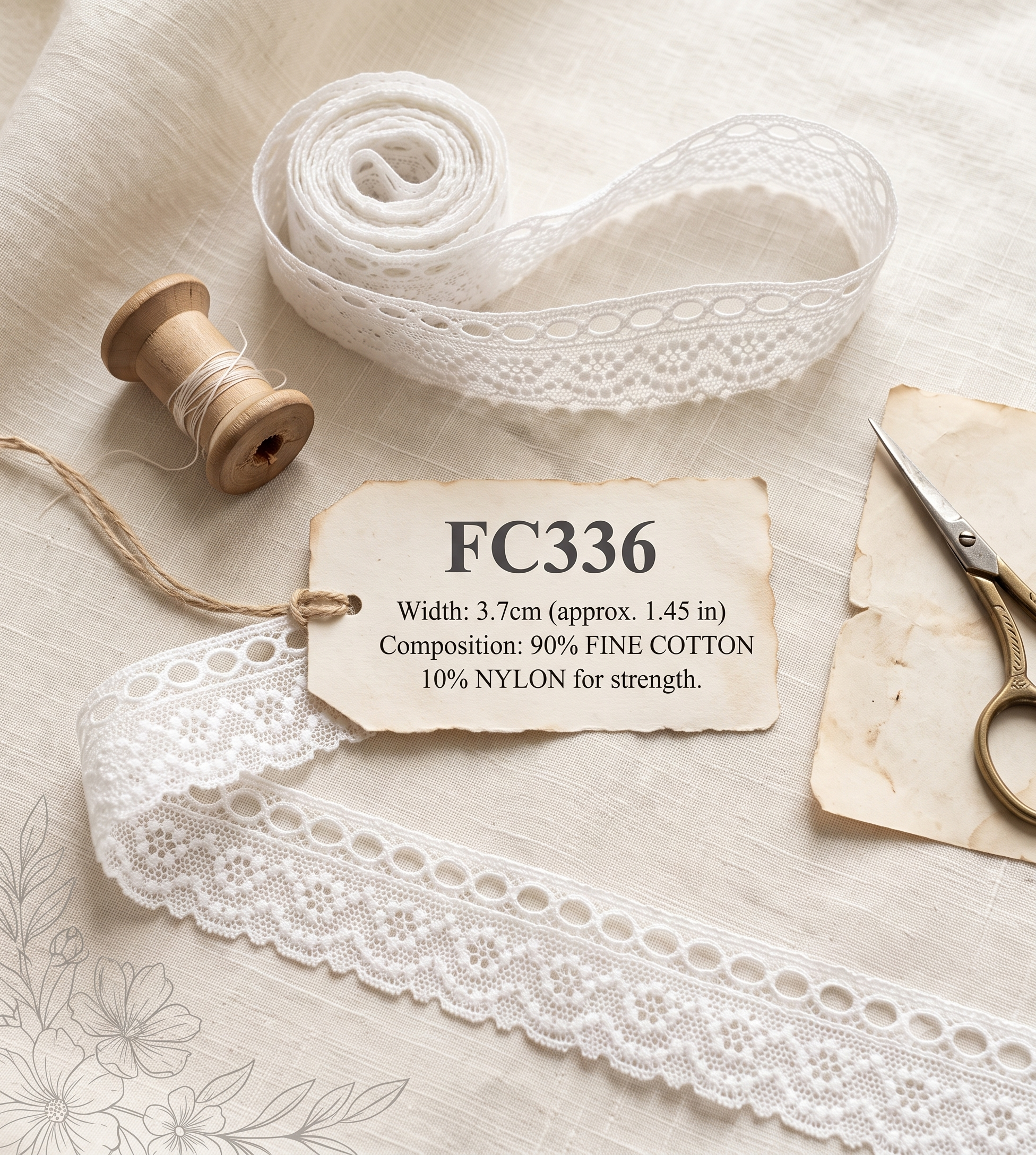 White Cluny lace trim FC336, 3.7cm wide, 90% fine cotton and 10% nylon on a linen background.