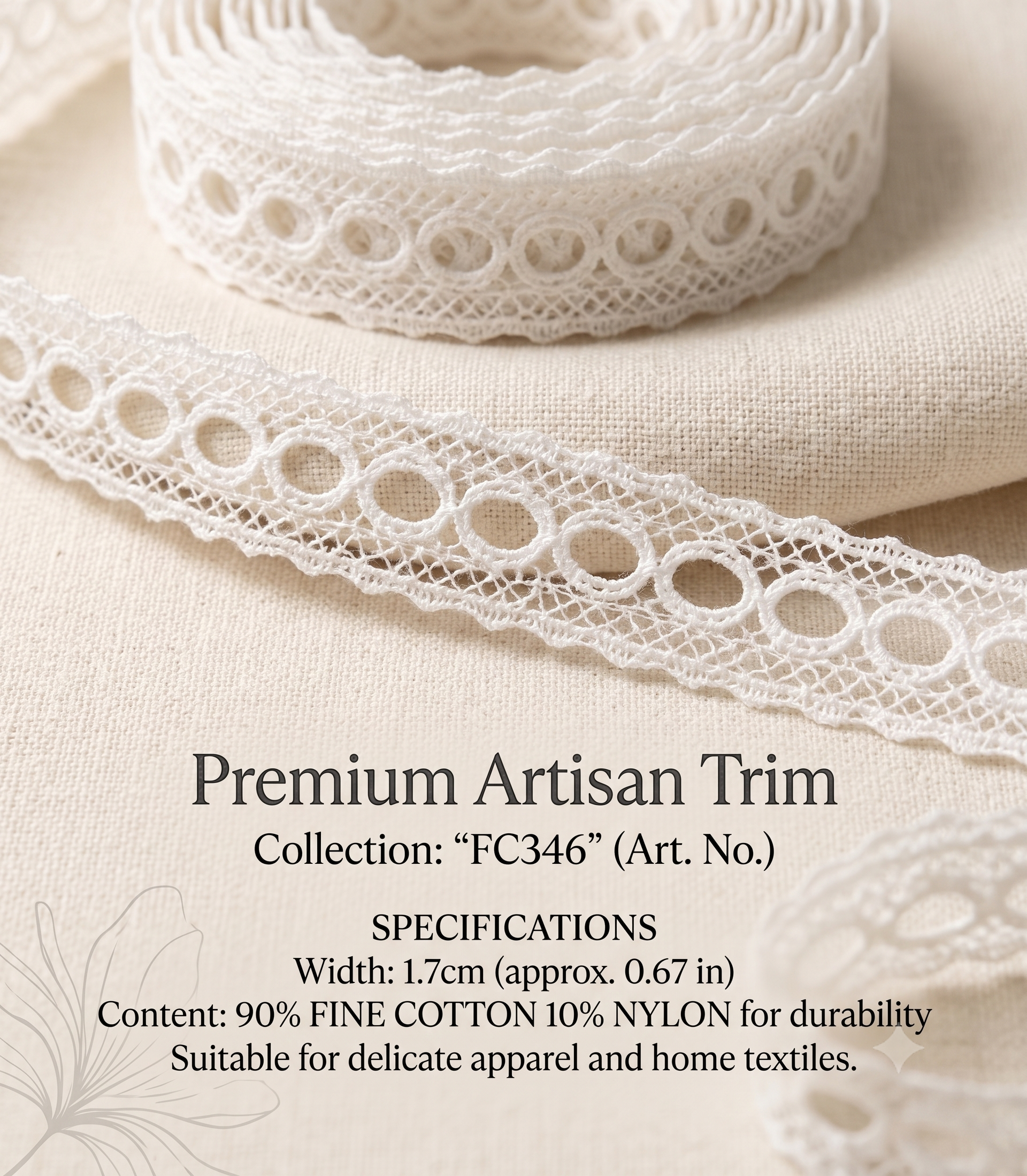 White Cluny lace trim with circular eyelet pattern on a beige fabric background.