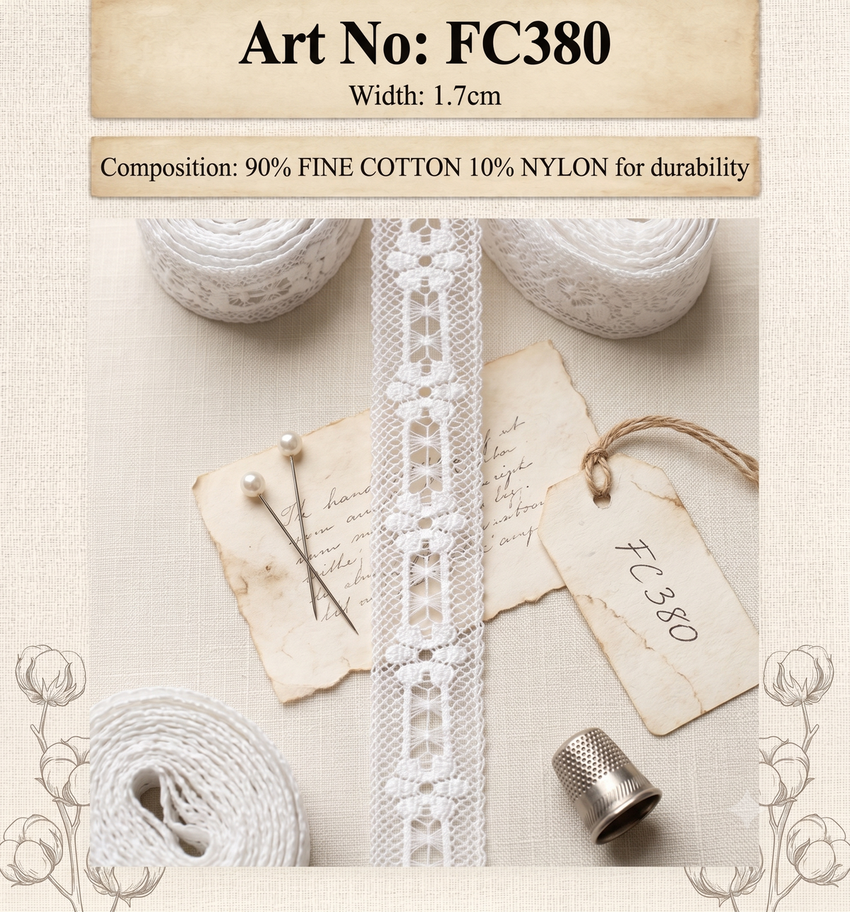 White Cluny lace trim, 1.7cm wide, with floral and geometric patterns on a vintage background.
