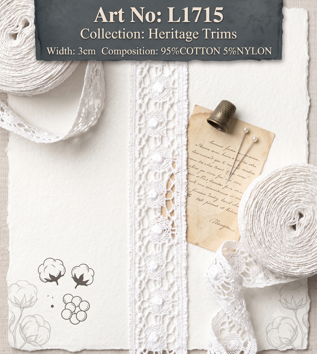 White Cluny lace cotton fancy decorative trim, 3cm wide, displayed with sewing notions.