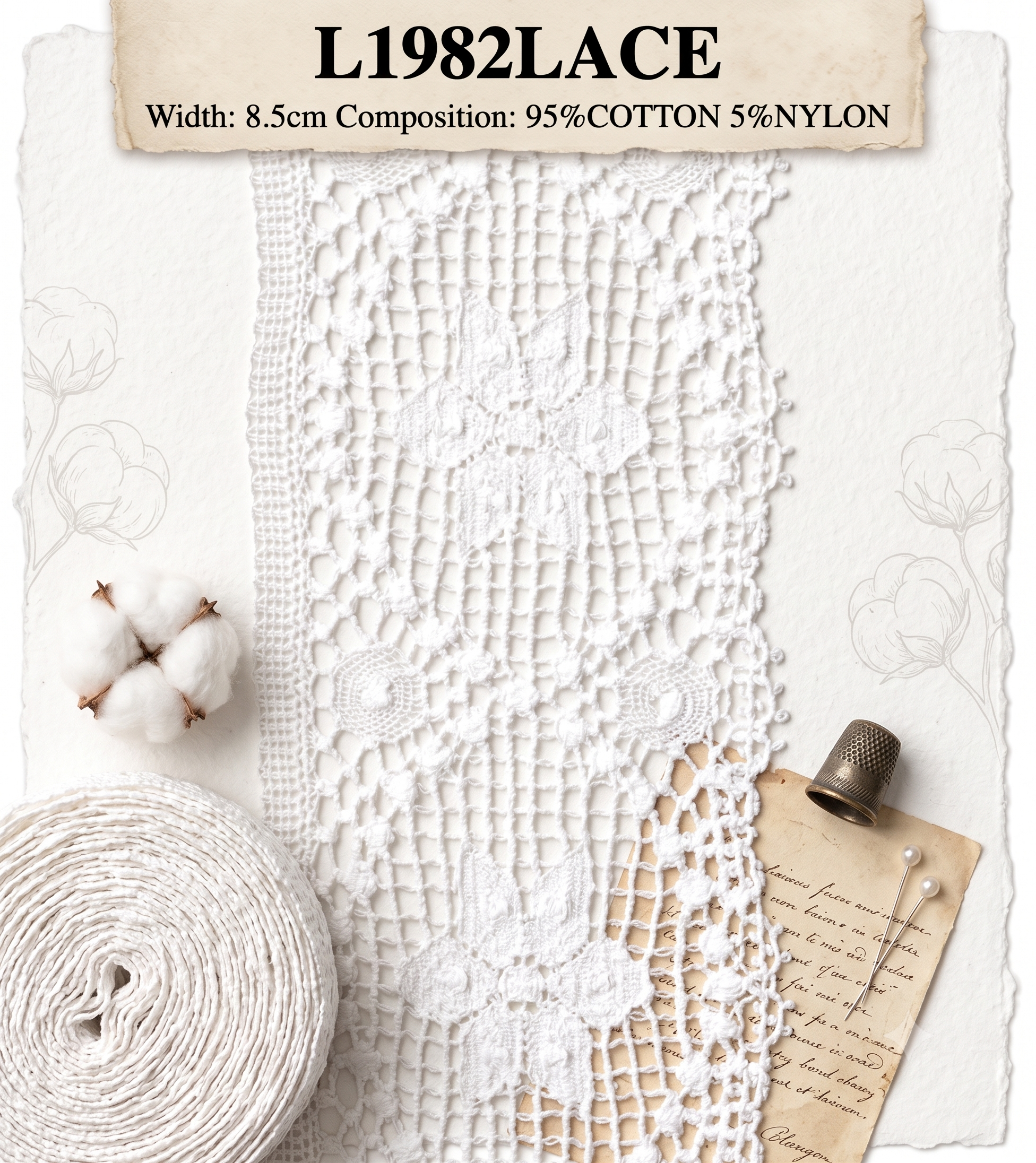 White Cluny lace trim with floral patterns, 8.5cm wide, 95% cotton and 5% nylon.