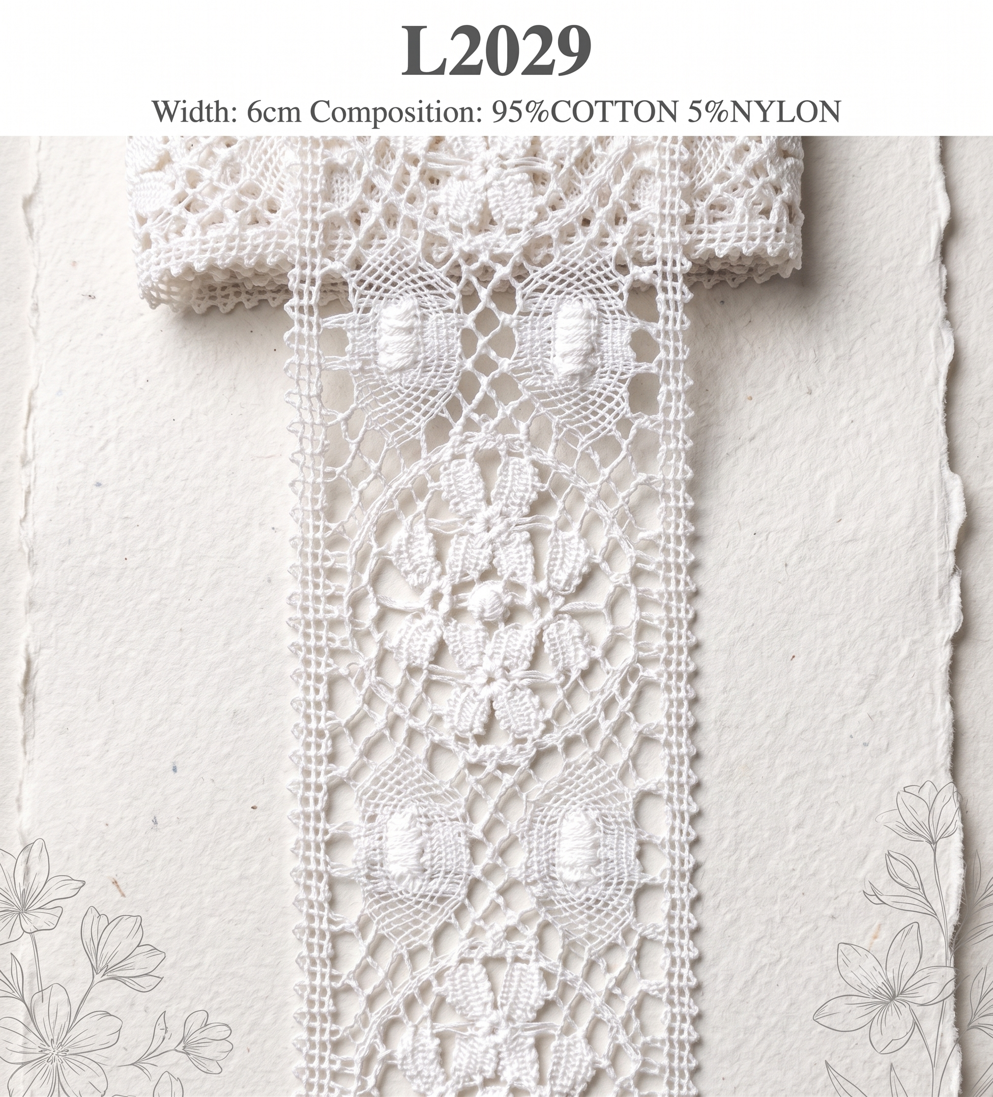 White Cluny lace trim with floral patterns, 6cm width, 95% cotton and 5% nylon composition.