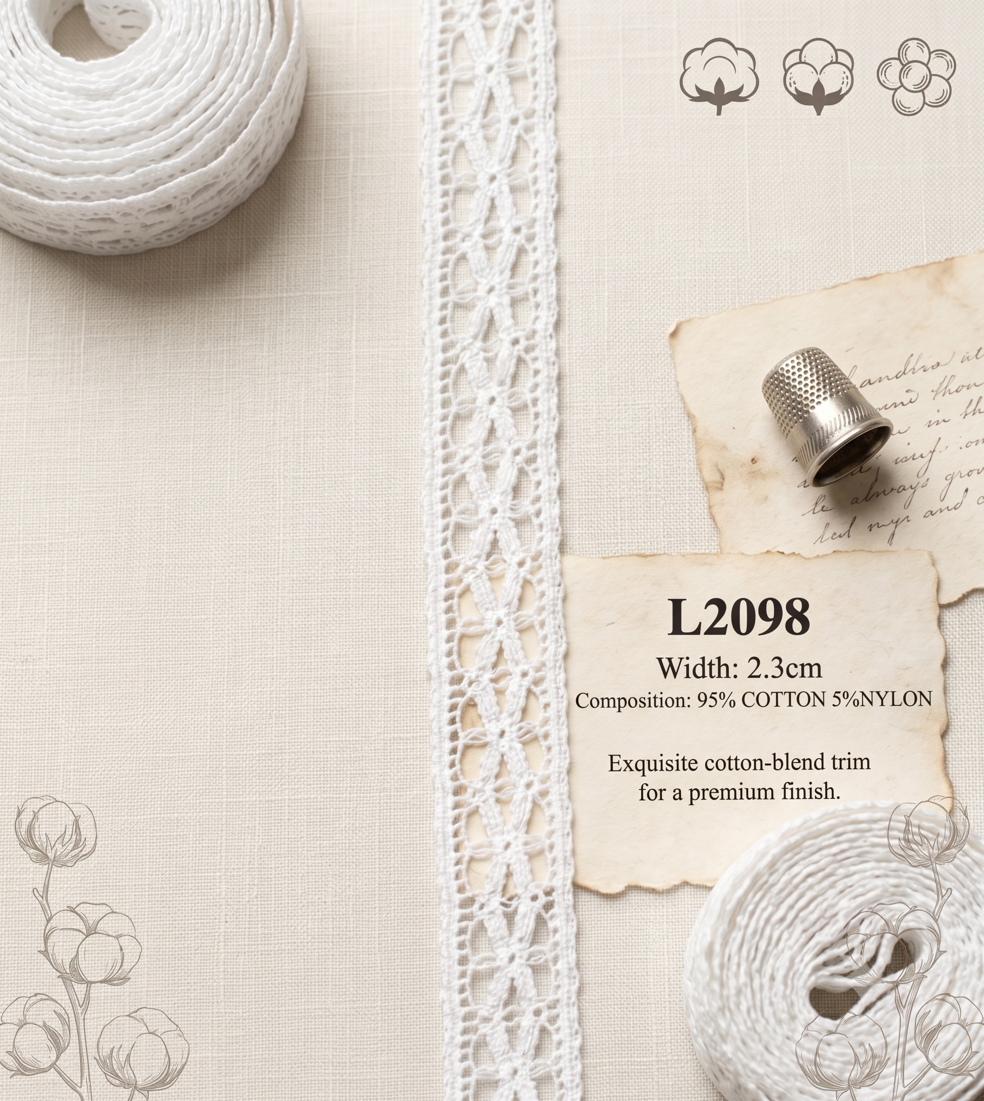 White Cluny lace trim L2098, 2.3cm wide, 95% cotton and 5% nylon blend on a neutral fabric background.