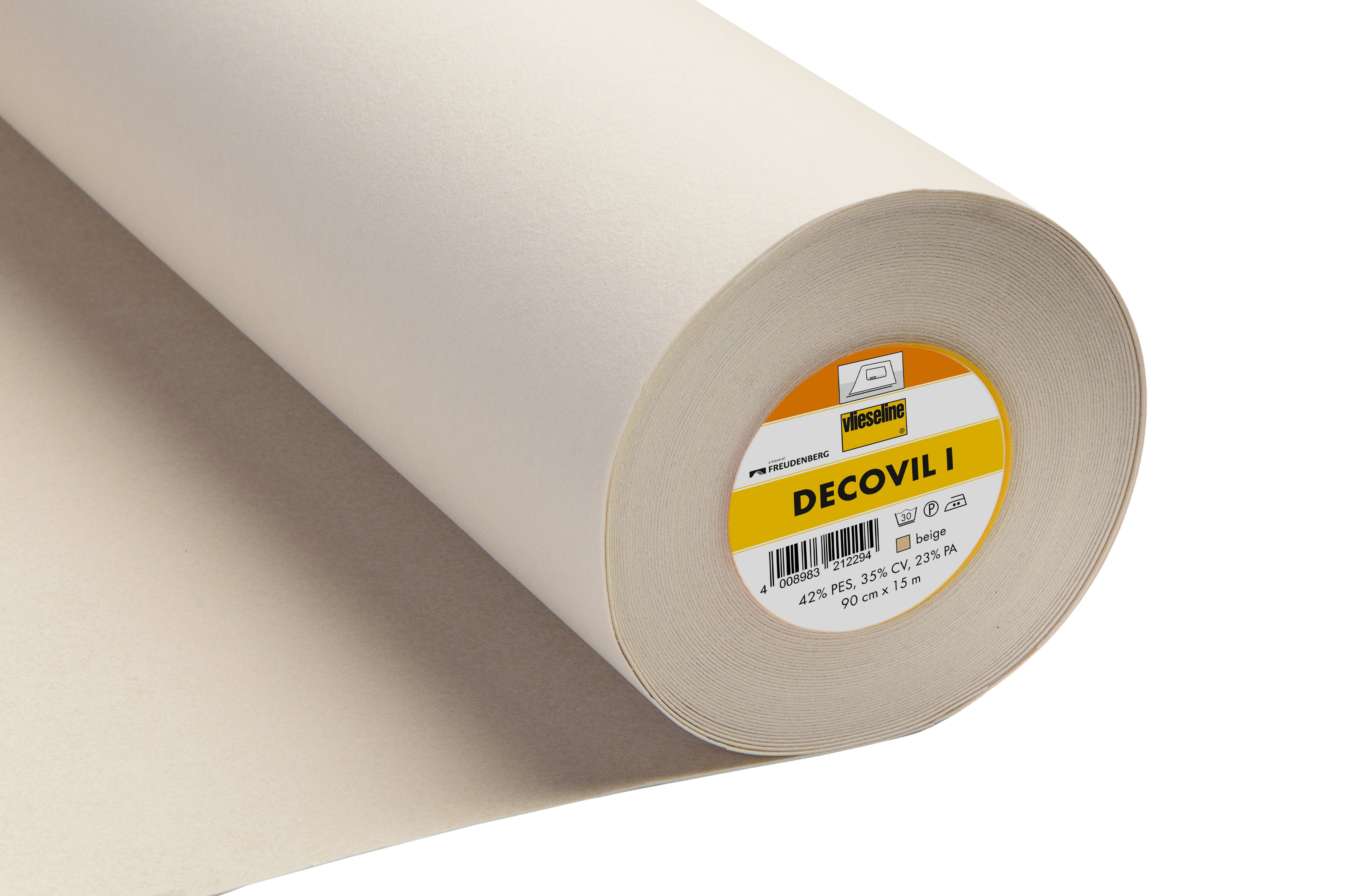 Roll of beige Decovil I iron-on stiff interlining with a leather-like texture.