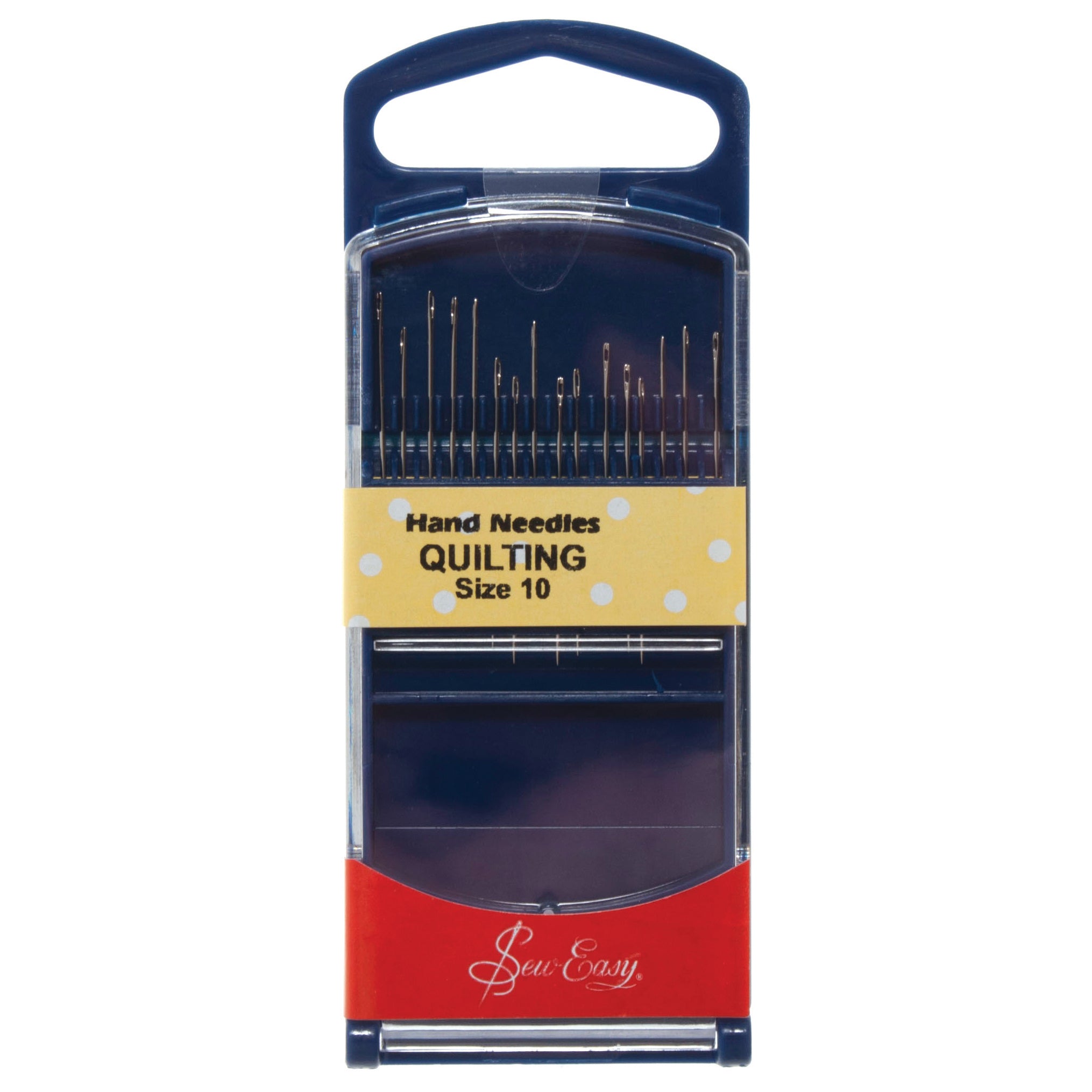 SewEasy 16-piece quilting hand needle set in a blue and red plastic case.