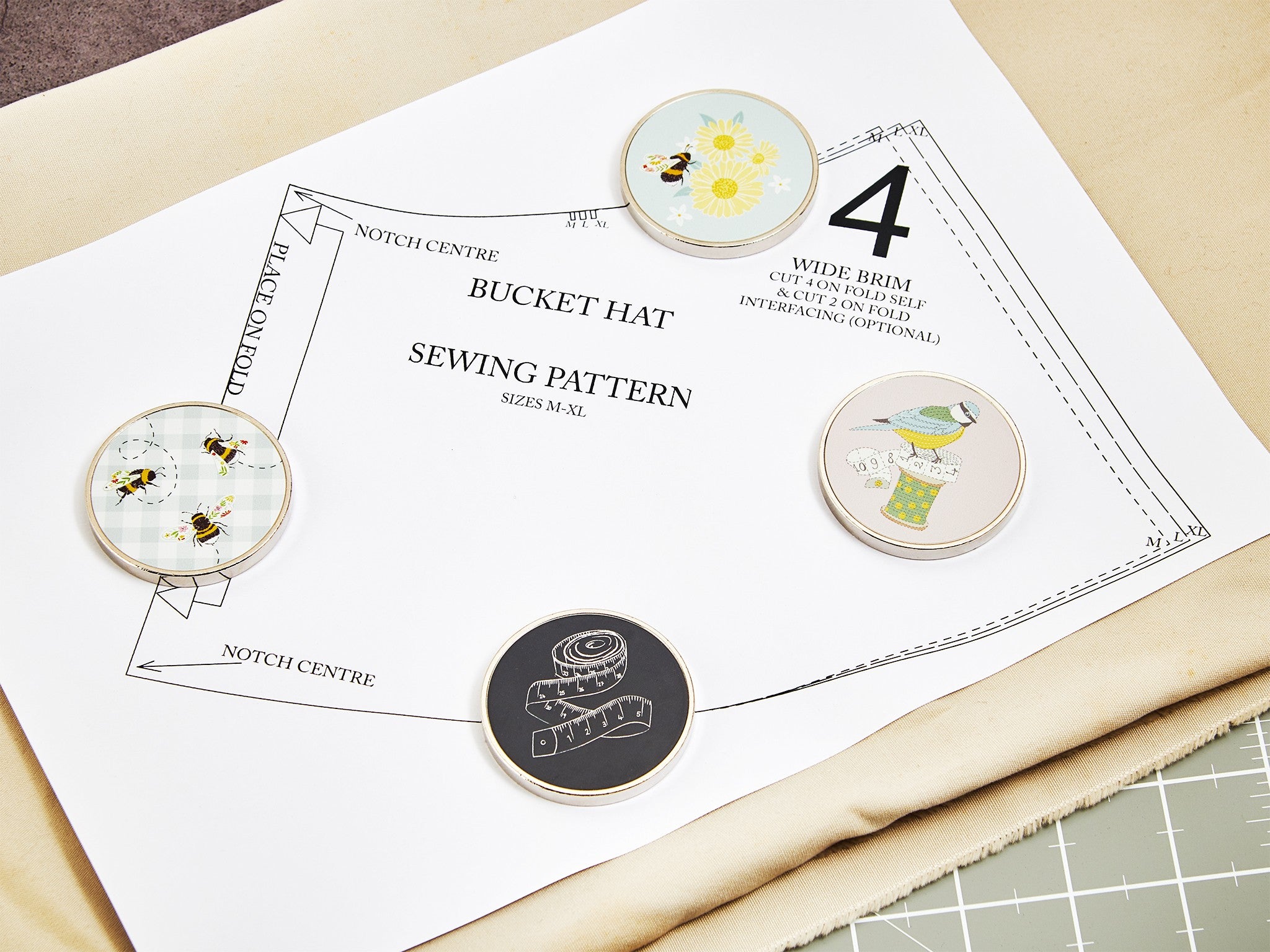 Four decorative circular fabric weights with sewing-themed designs holding down a bucket hat pattern.
