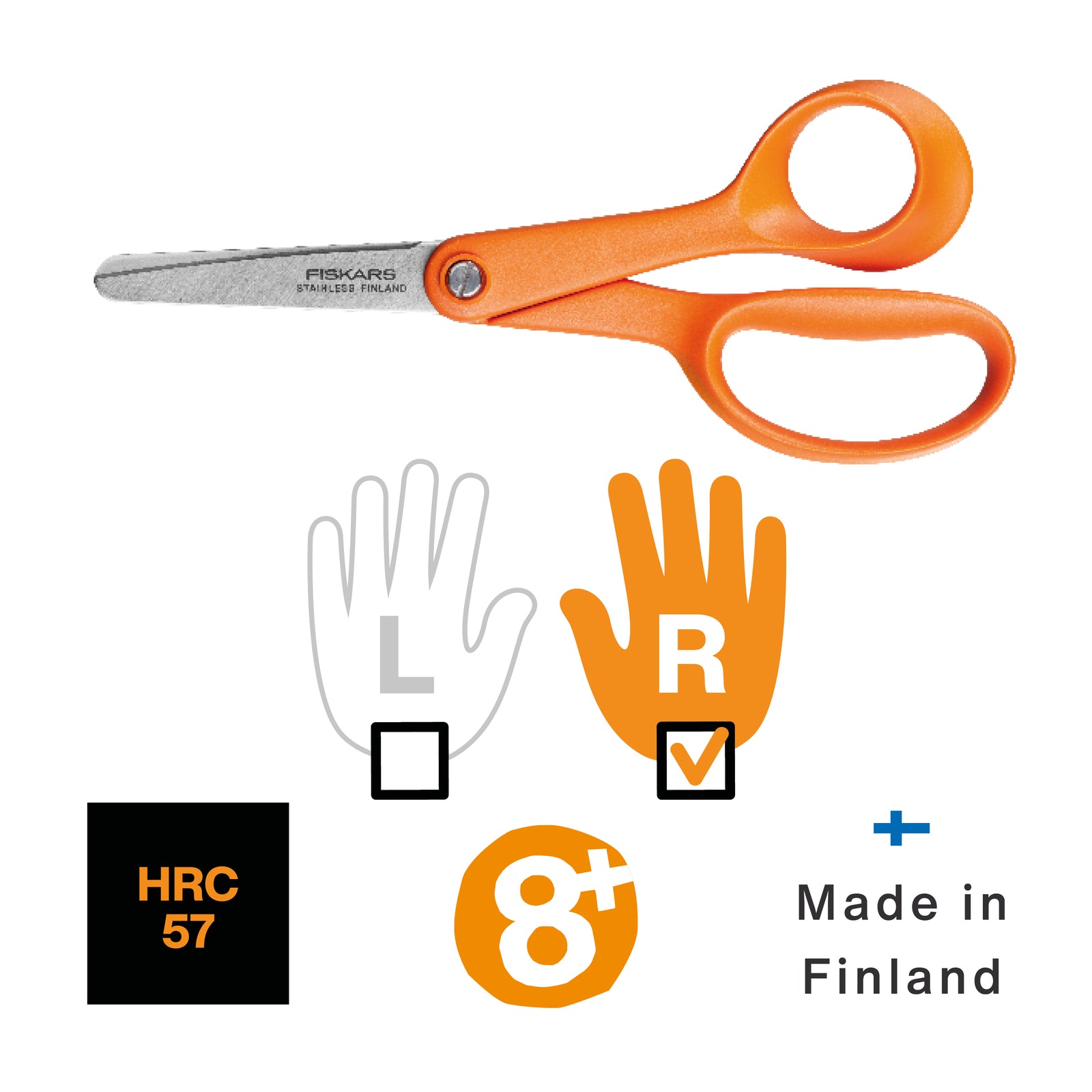 Fiskars orange kids' scissors with stainless steel blades, marked for right-handed use.