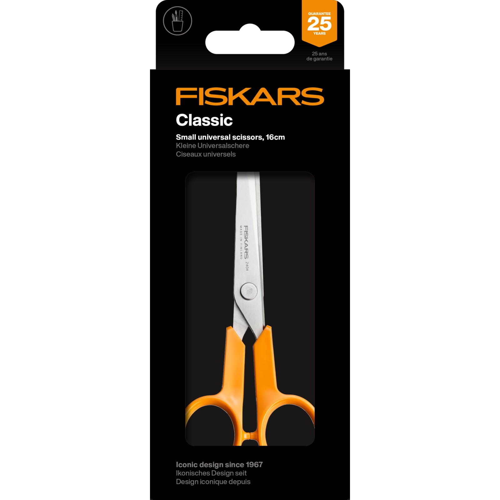 Fiskars Classic 16cm small universal scissors with orange handles.