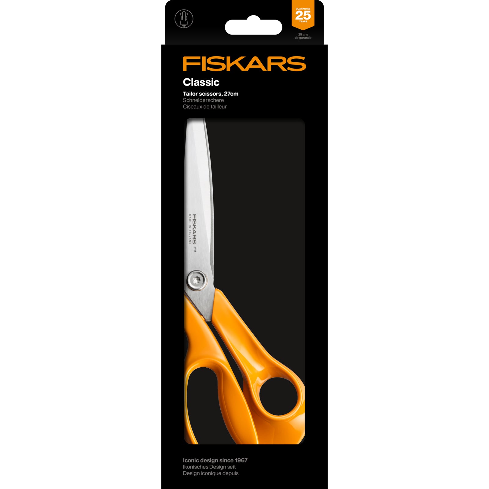 Fiskars Classic tailor scissors with orange ergonomic handles.
