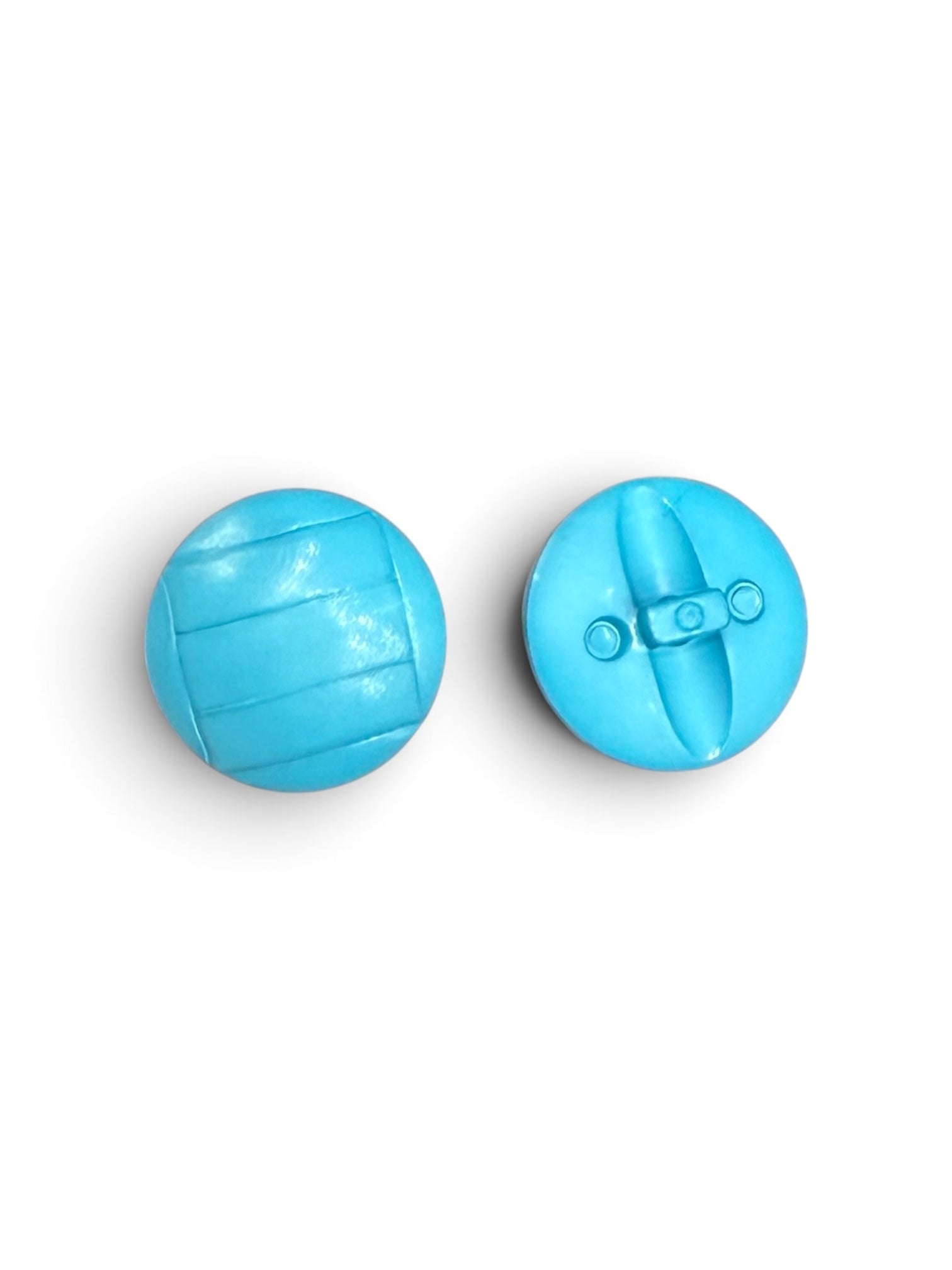 Two 20mm round blue resin buttons showing the textured front and two-hole back design.