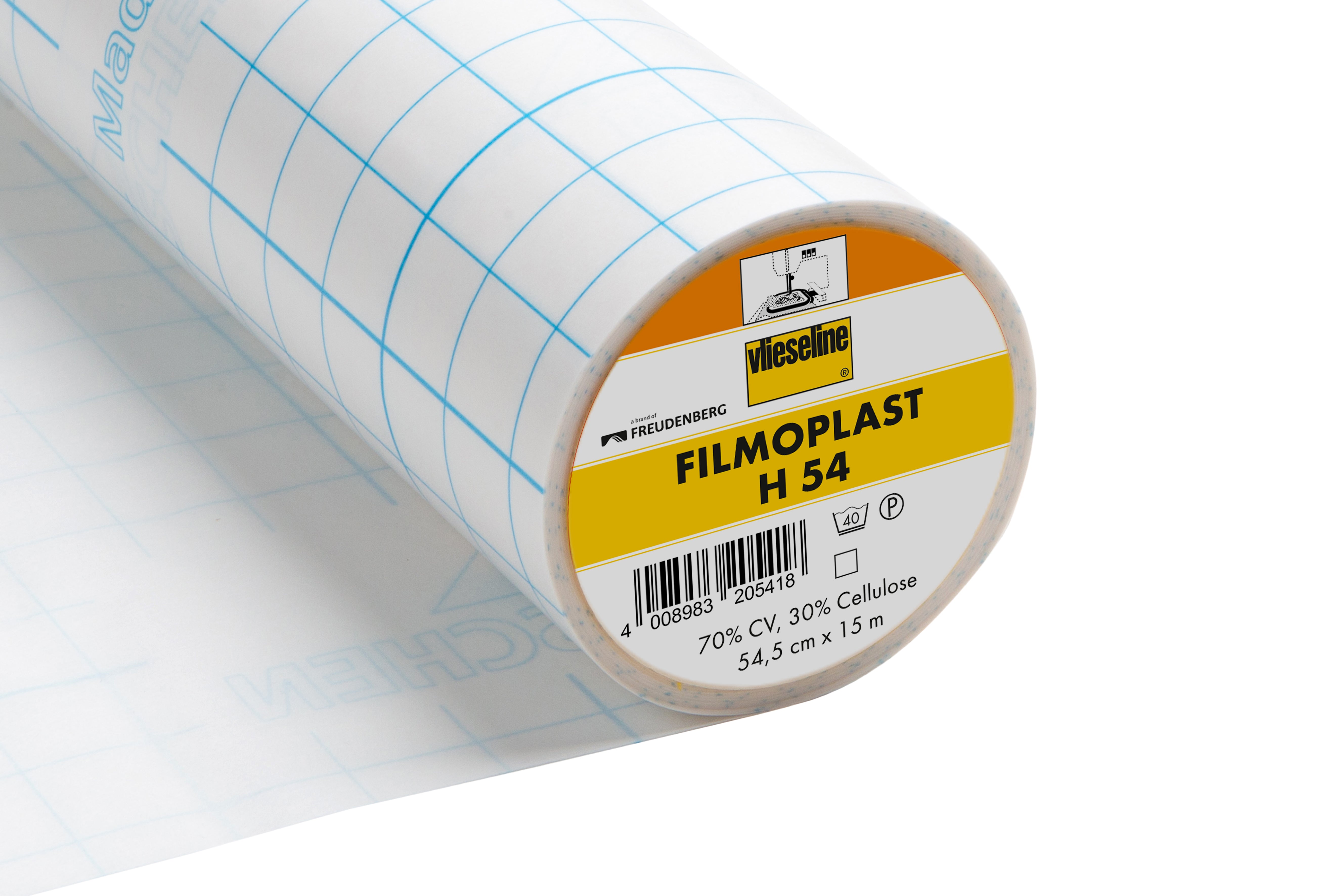 Roll of white Vlieseline Filmoplast H 54 self-adhesive embroidery backing with blue grid lines.