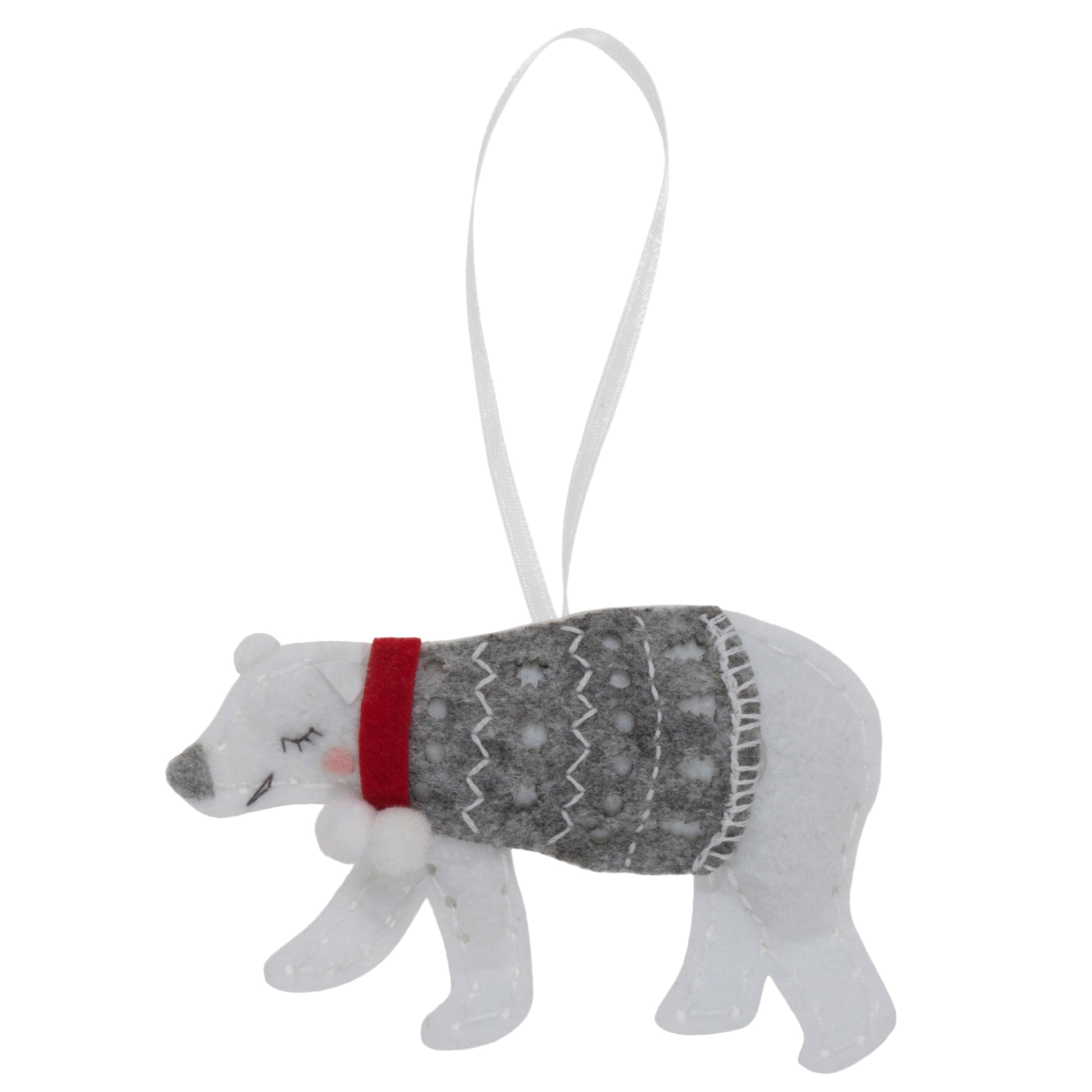 Felt polar bear ornament with a grey sweater and red scarf.
