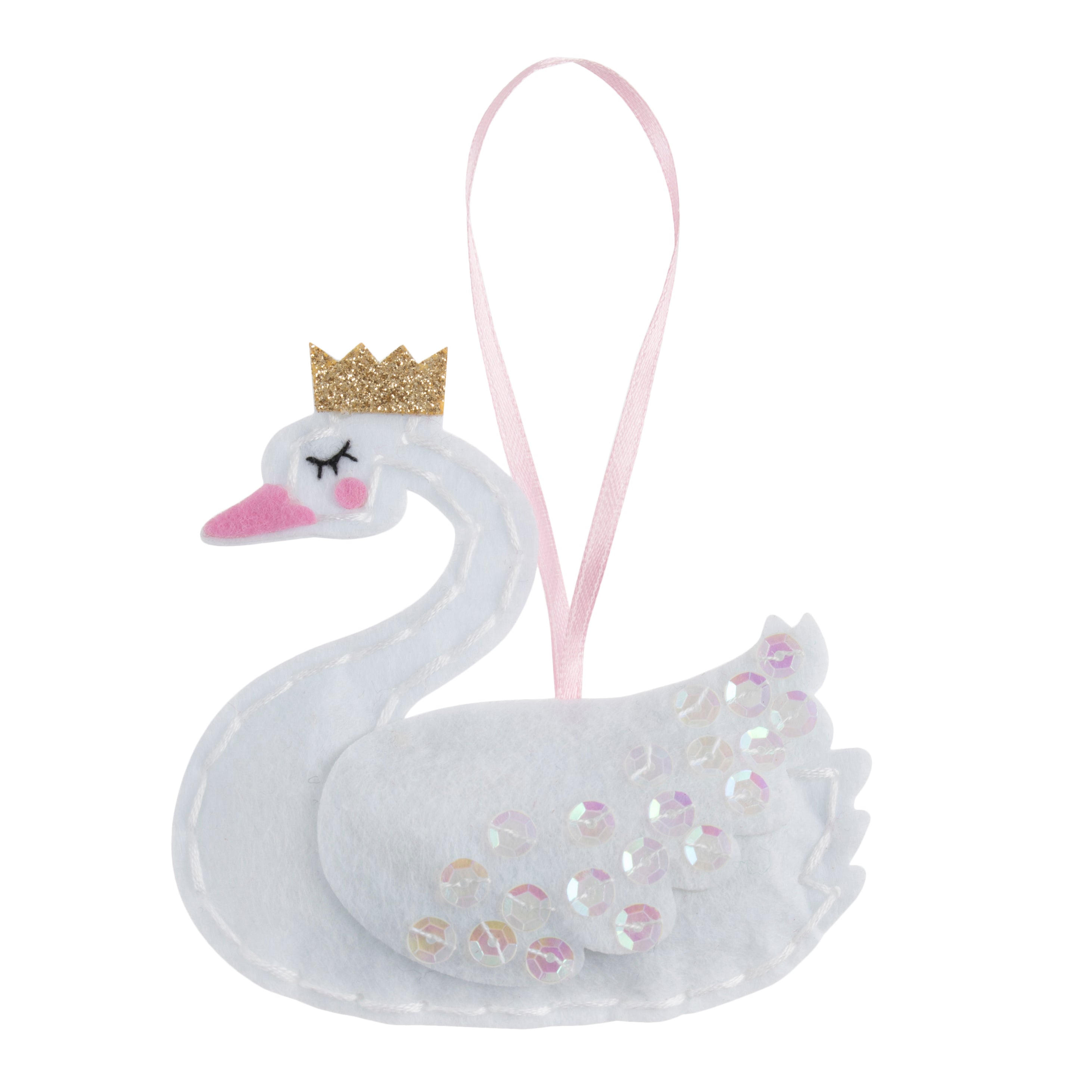 Felt swan decoration with a gold crown and iridescent sequins, with a pink ribbon loop.