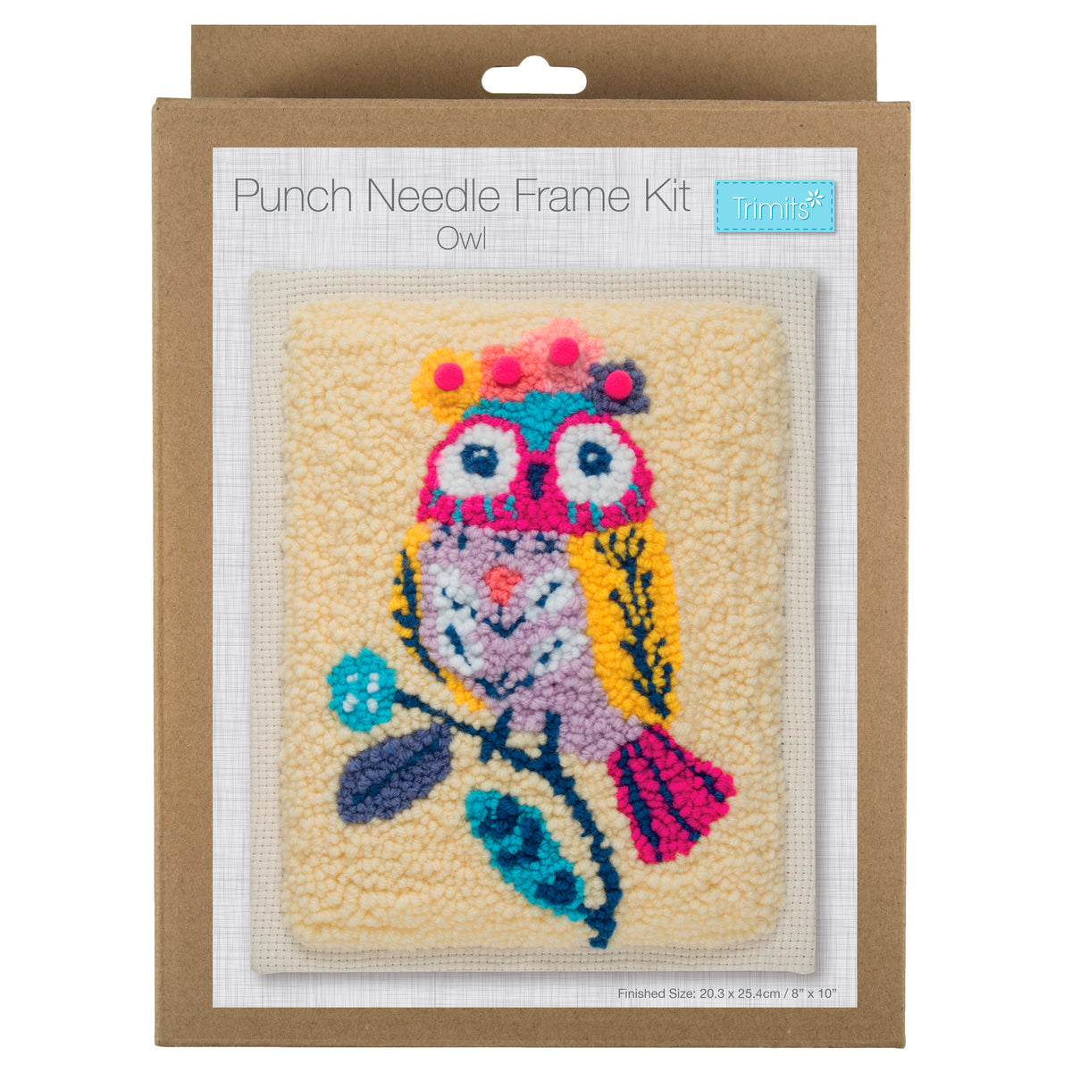 Punch Needle Kit: Owl featuring a colorful owl design on a pre-stretched canvas frame.