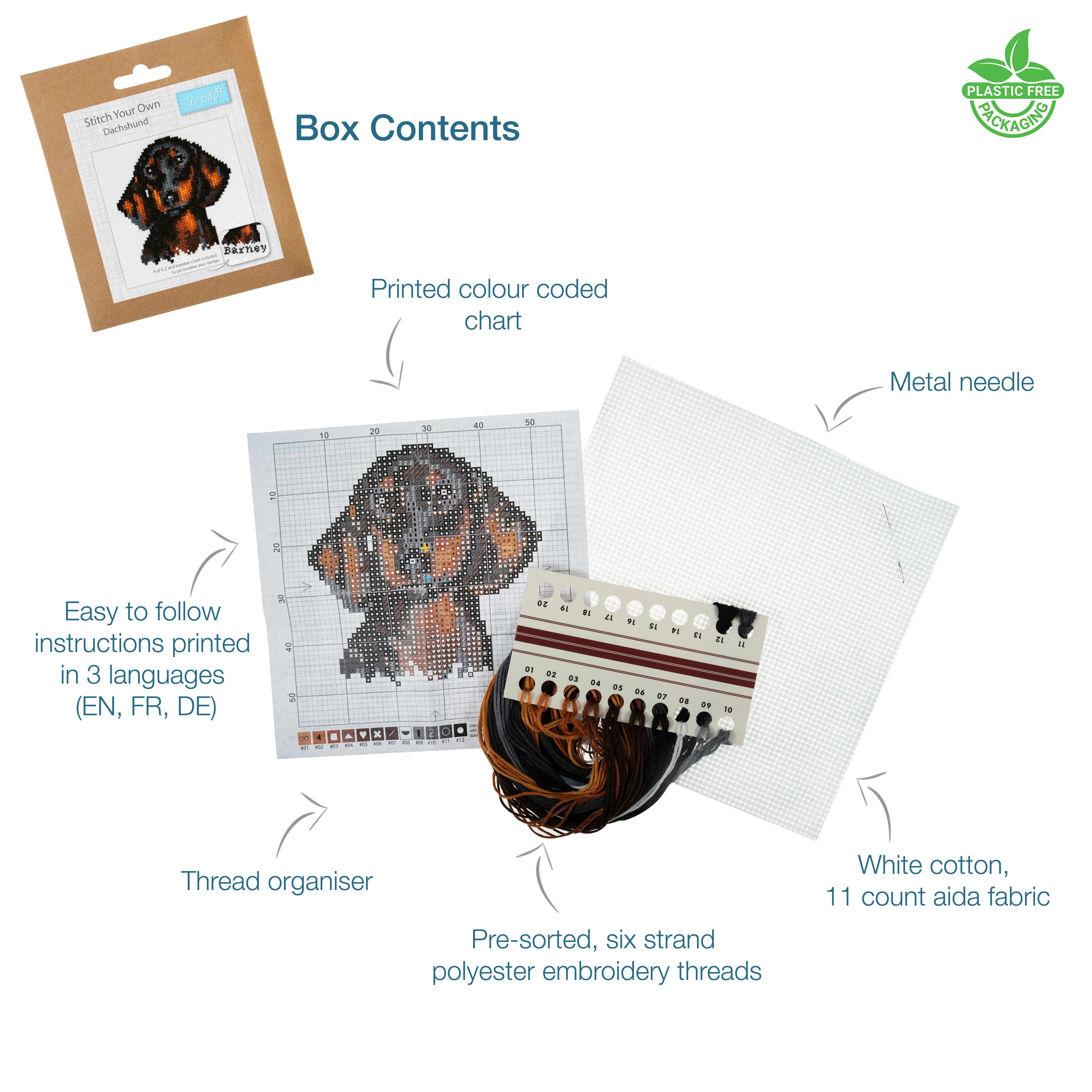Trimits Mini Counted Cross Stitch Kit, Dachshund Design, 11 Count Aida