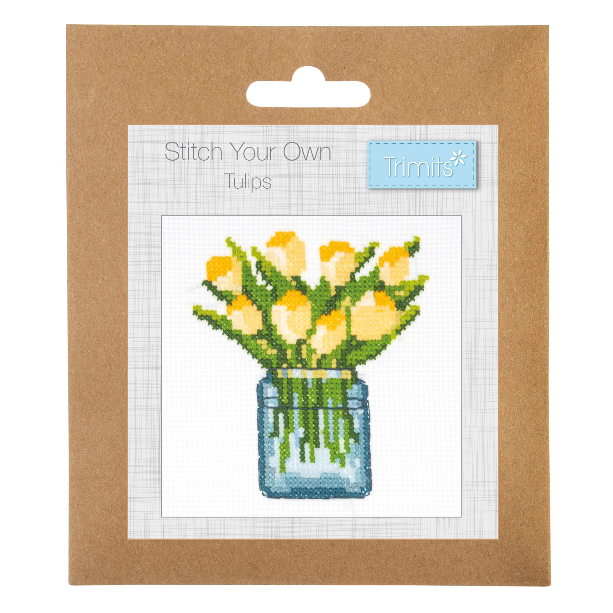 A mini counted cross stitch kit featuring a design of yellow tulips in a blue glass jar.