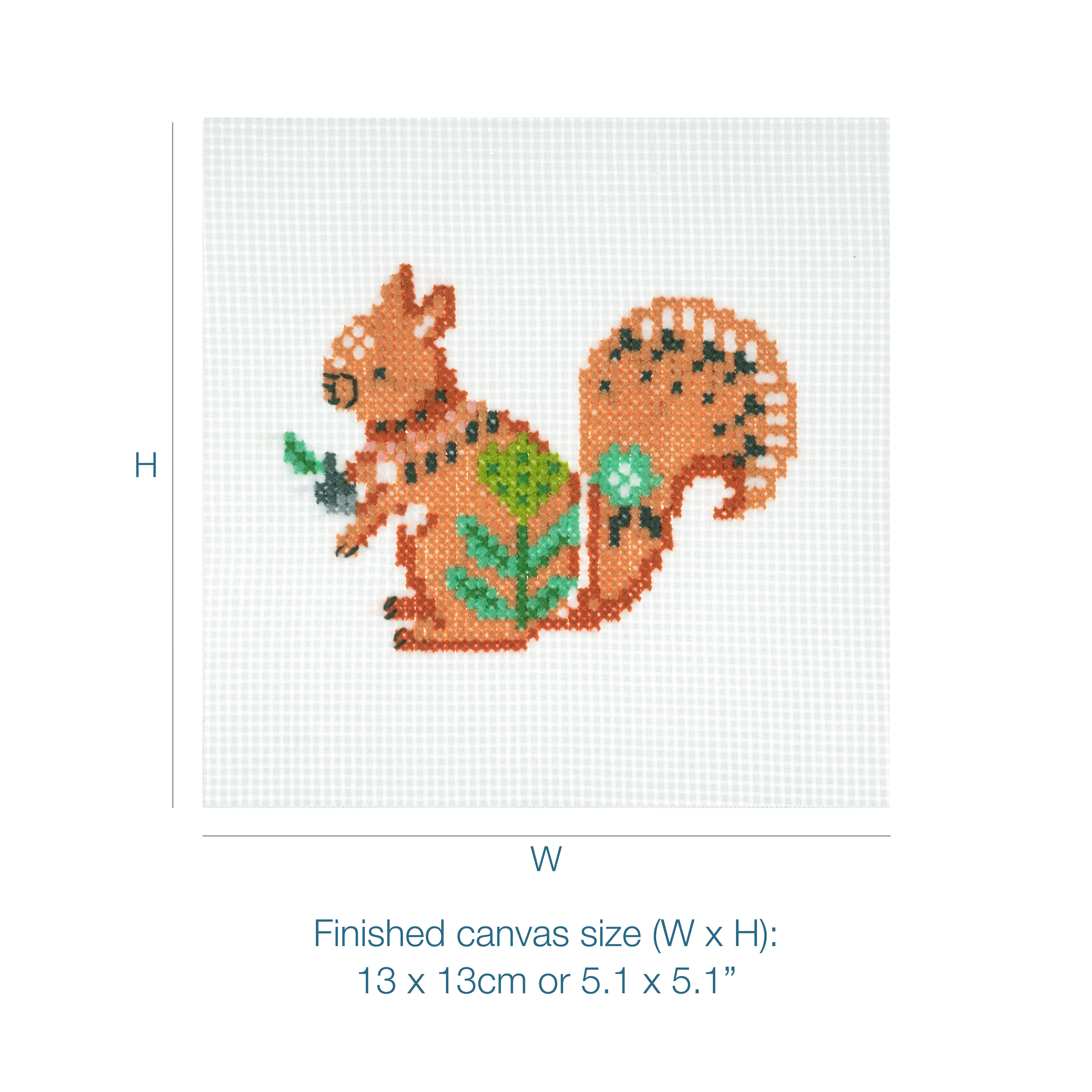 Counted cross stitch kit featuring a patterned orange squirrel on a 13 by 13 centimeter canvas.
