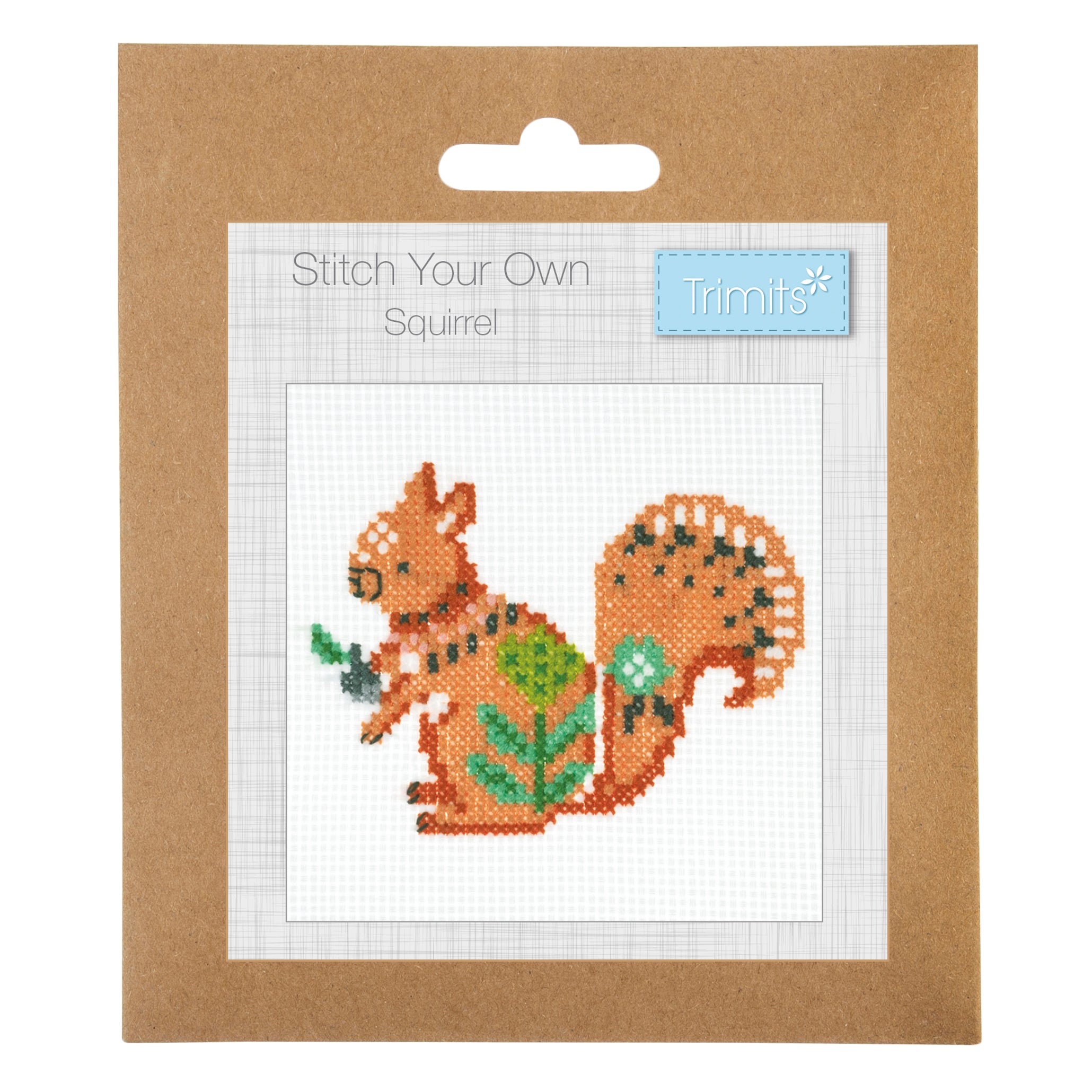 Counted cross stitch kit featuring a colorful, patterned squirrel design in a brown paper package.
