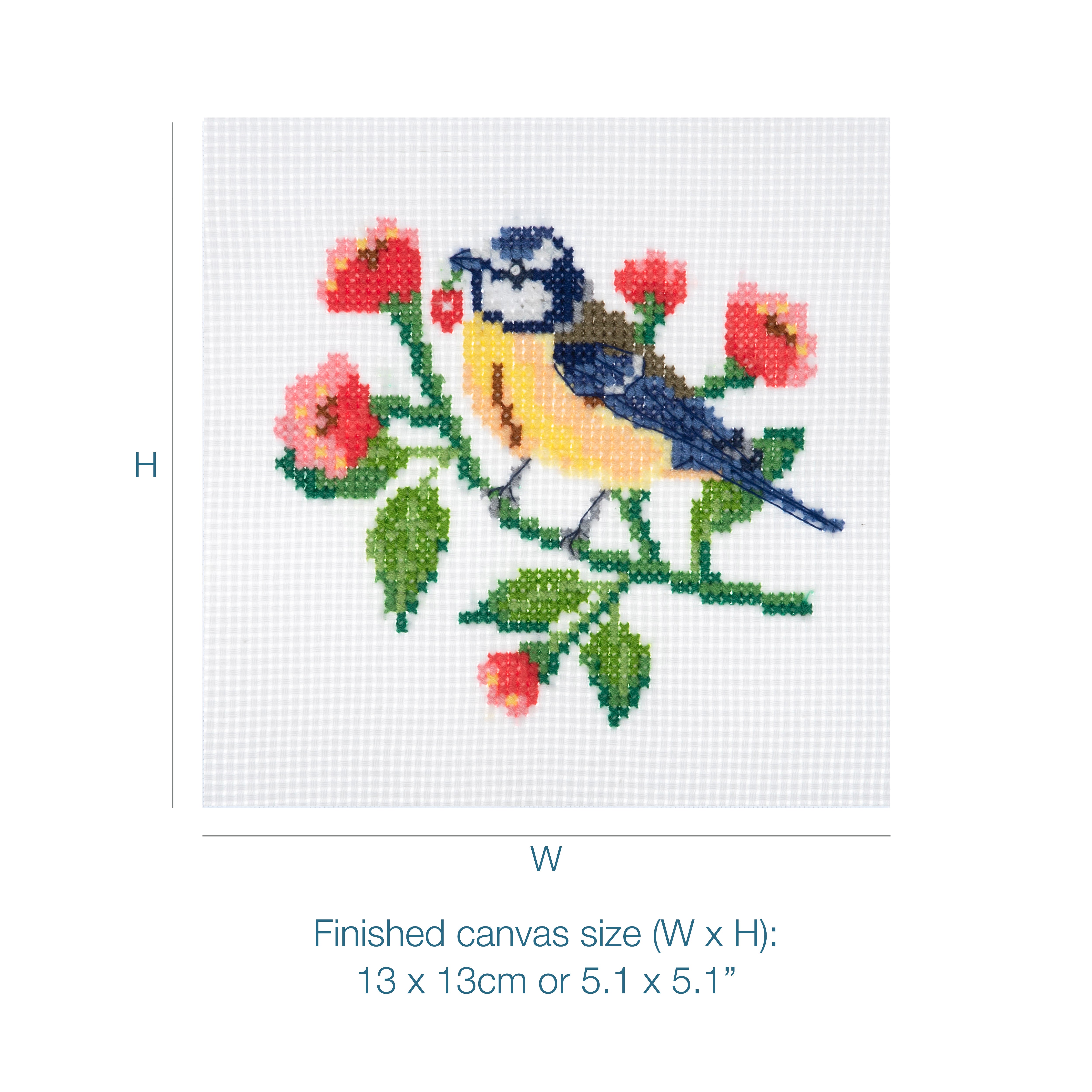 A mini counted cross stitch kit featuring a colorful bird on a branch, measuring 13 by 13 centimeters.
