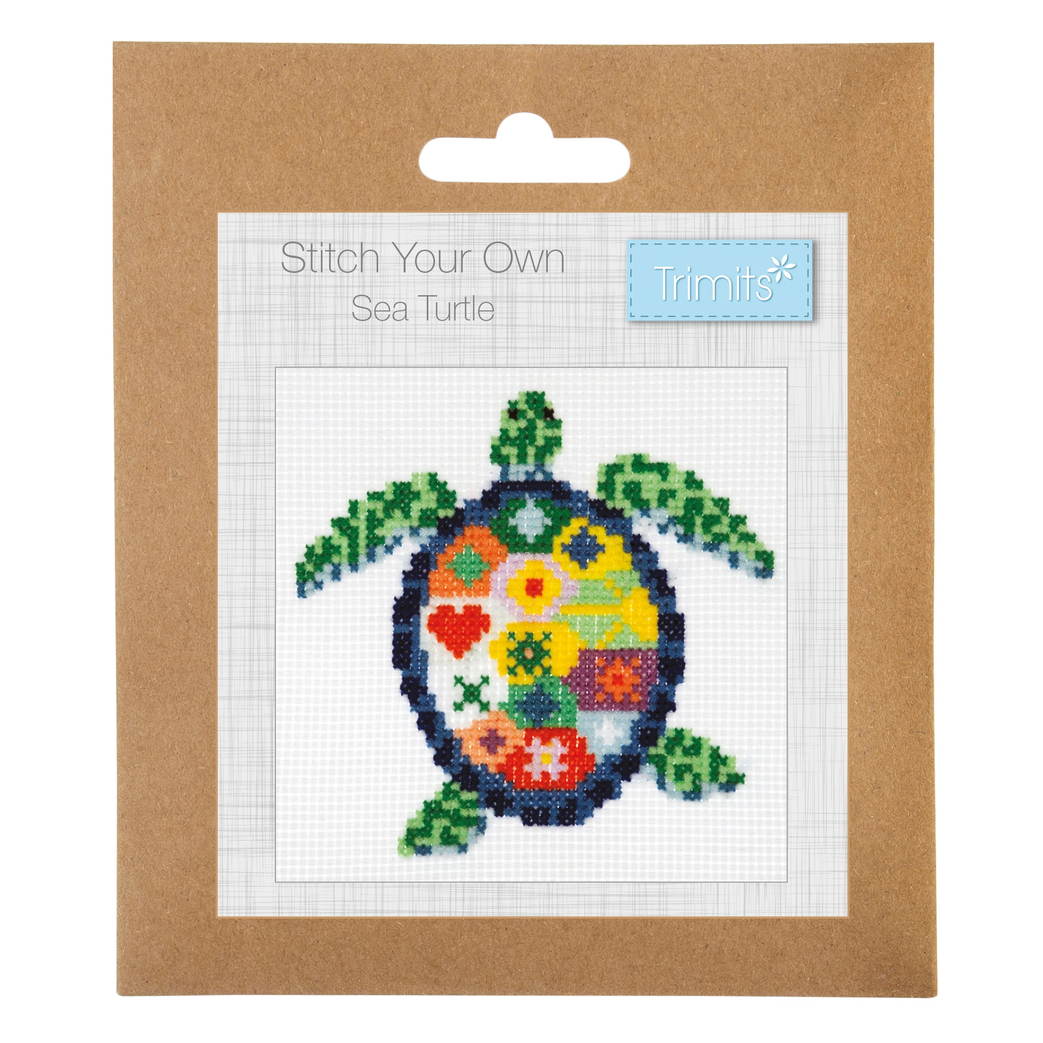 Counted cross stitch kit featuring a colorful, patterned sea turtle design in a brown paper package.