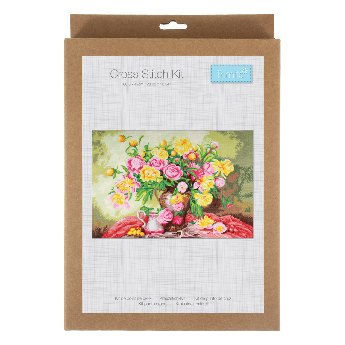 Trimits Cross Stitch Kit in brown cardboard packaging featuring a colorful roses flower design.