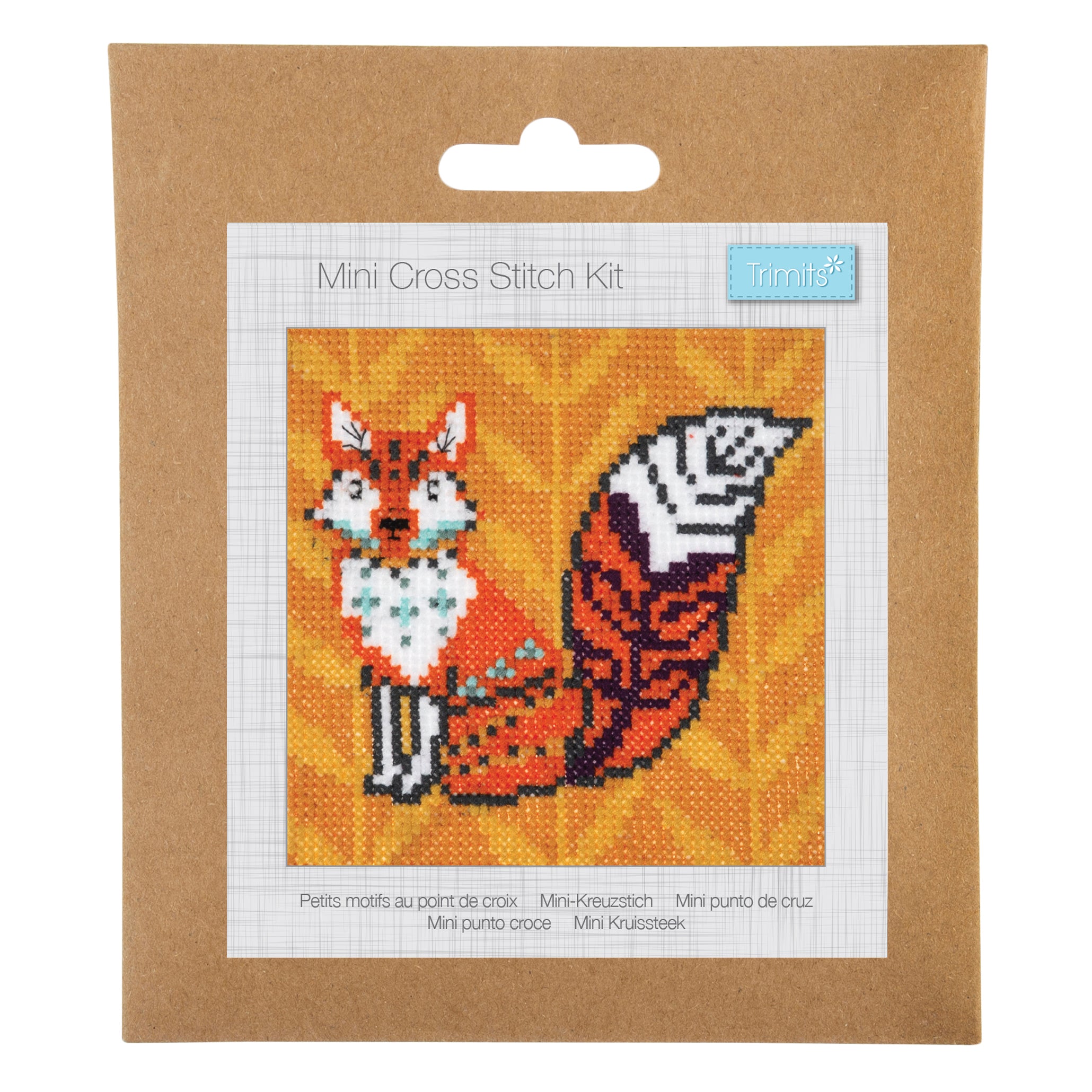 Trimits Fox Mini Counted Cross Stitch Kit featuring a stylized fox on an orange background.
