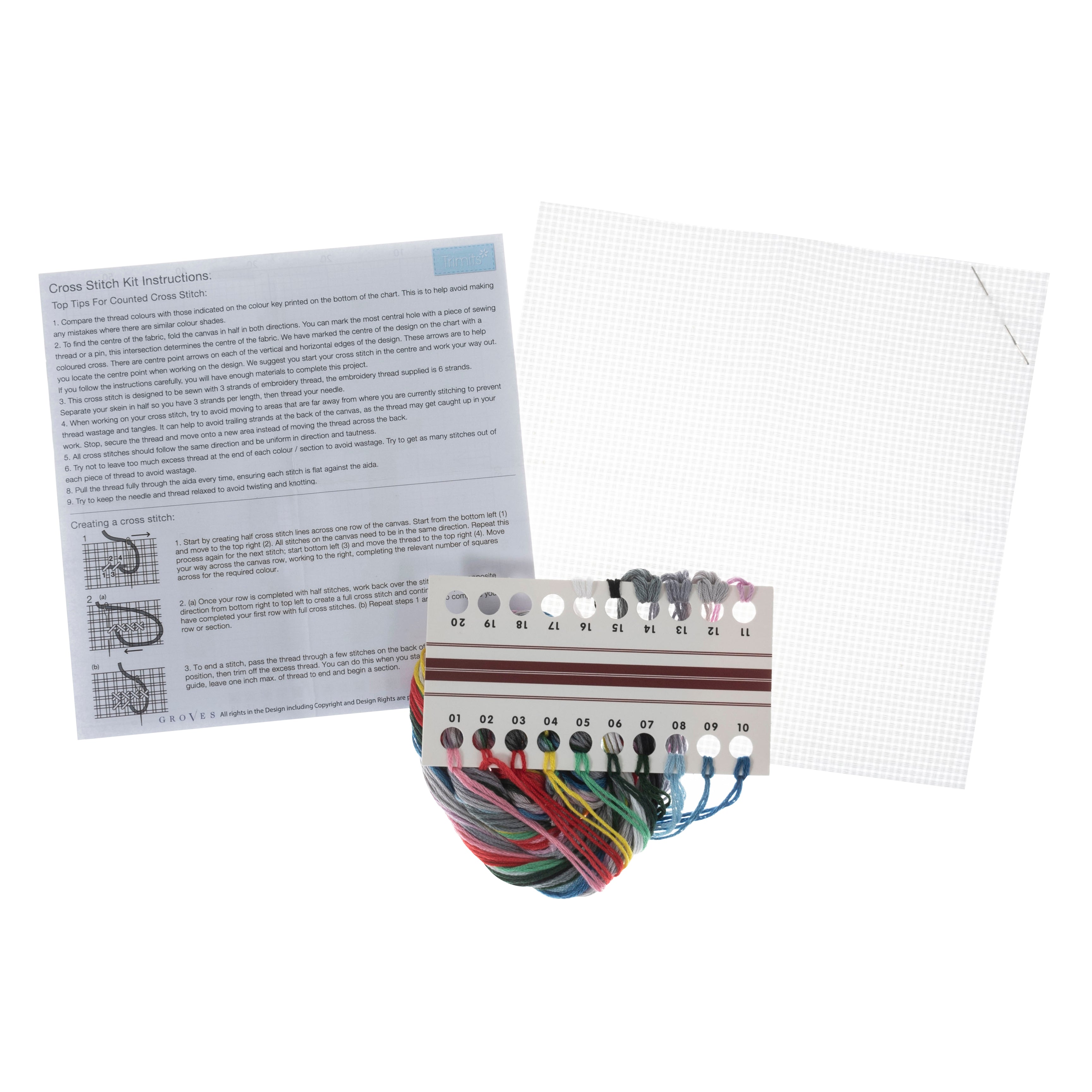 Trimits mini counted cross stitch kit with aida fabric, pre-sorted threads, and instructions.