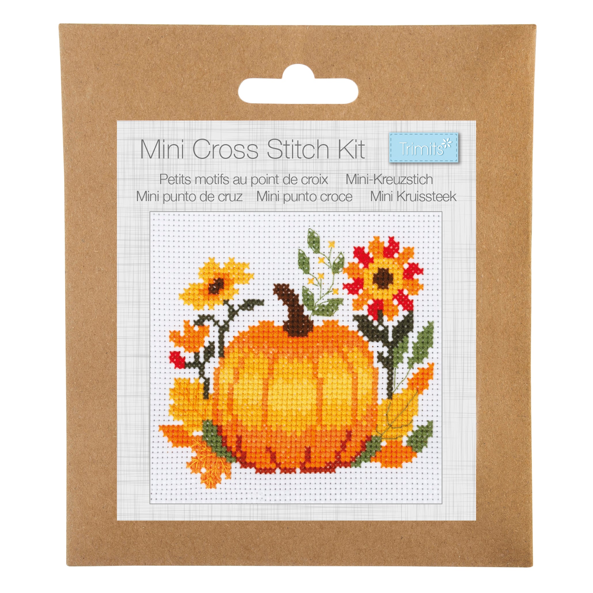 Trimits Mini Pumpkin Cross Stitch Kit featuring a pumpkin with autumn flowers and leaves.