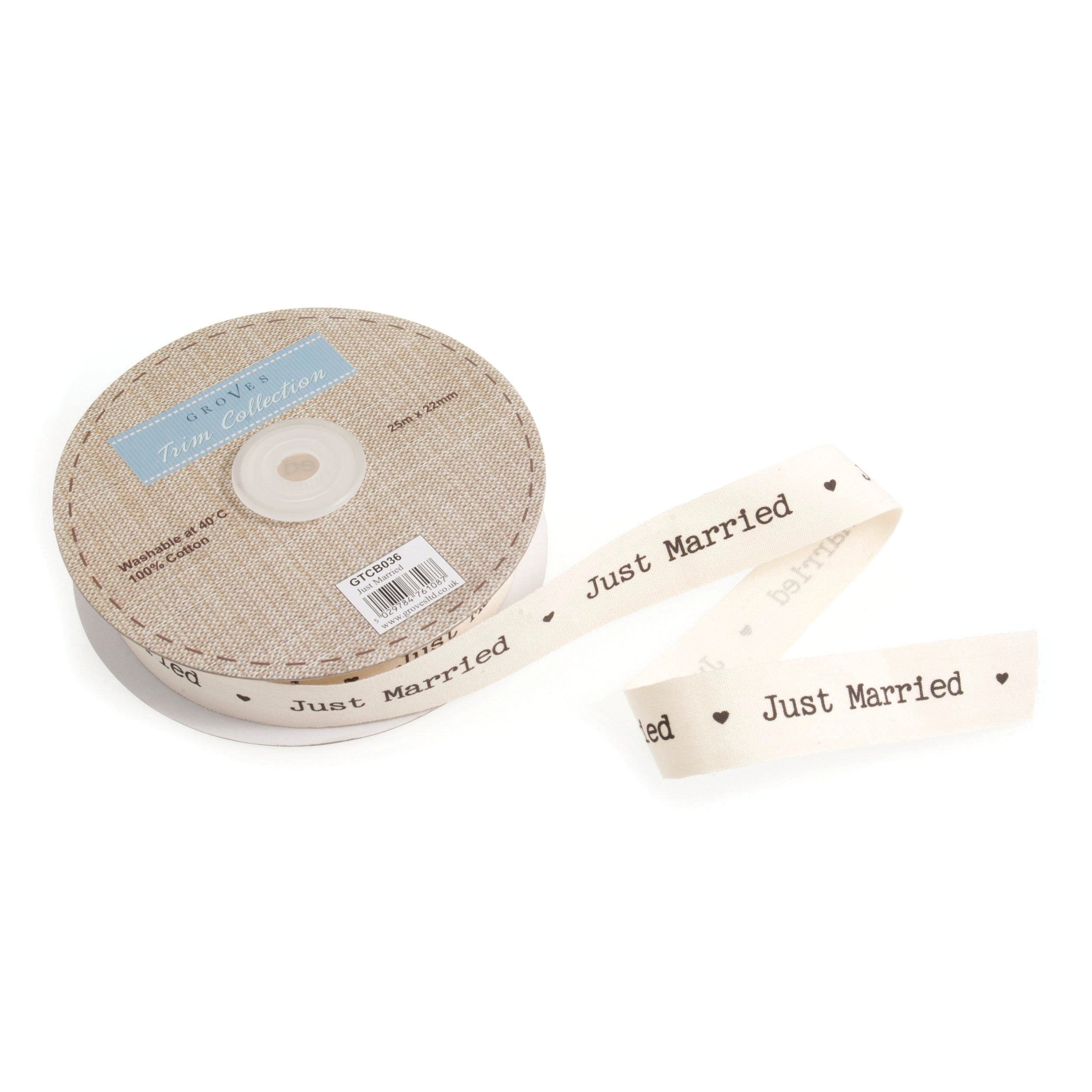 Groves Just Married Cotton Ribbon – 22mm Wide, 1m Length