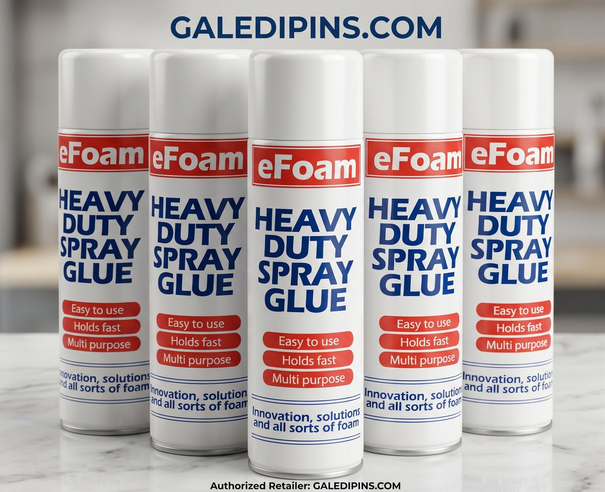 Five cans of eFoam Heavy Duty Spray Glue arranged on a white surface.