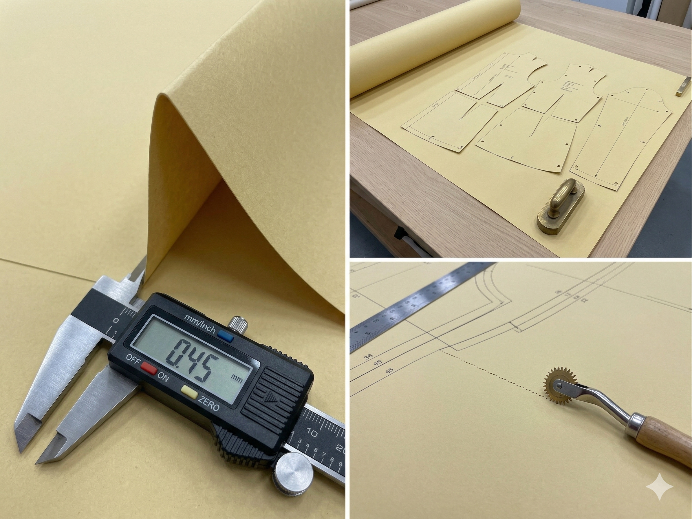 Heavyweight 280 GSM manila pattern making card shown with a digital caliper measuring 0.45 mm.