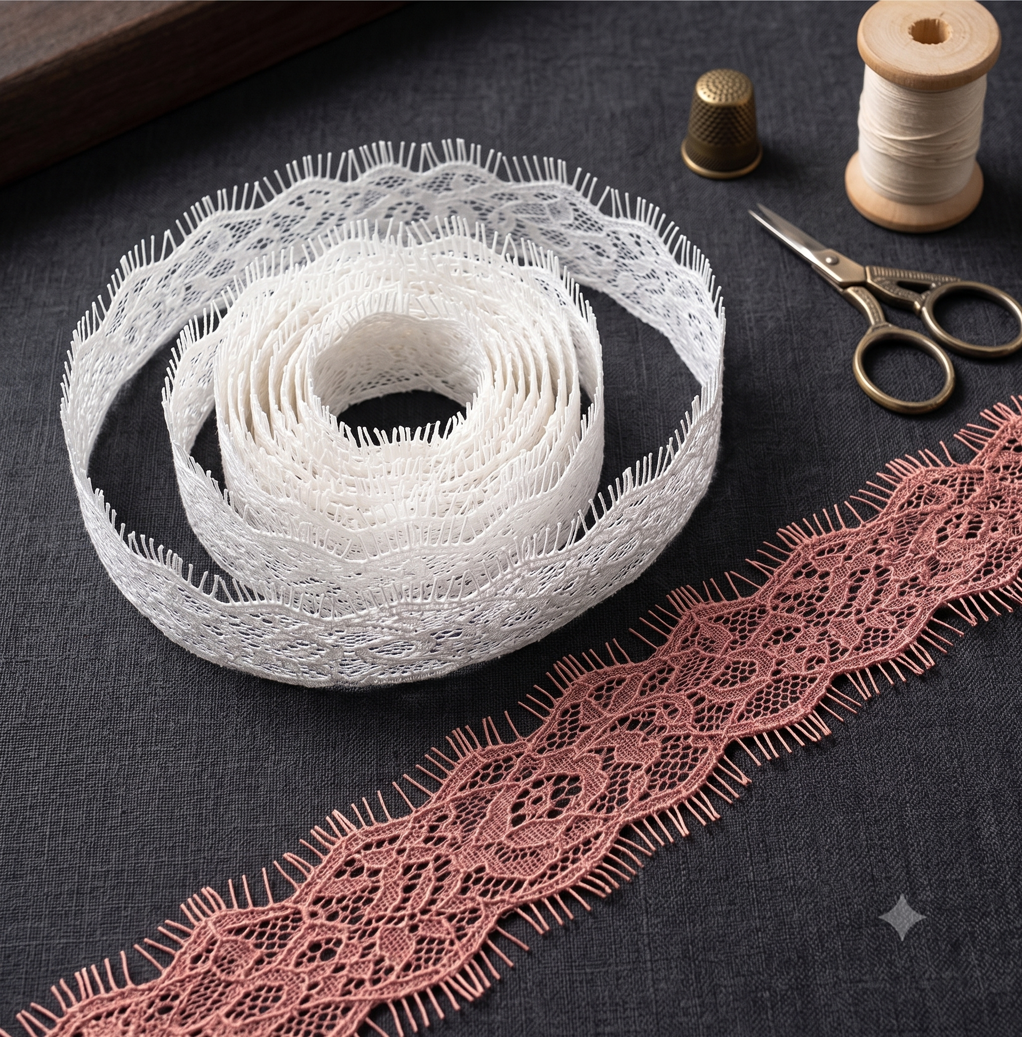 White and dusty rose French-style Chantilly eyelash lace trim with sewing tools on dark fabric.