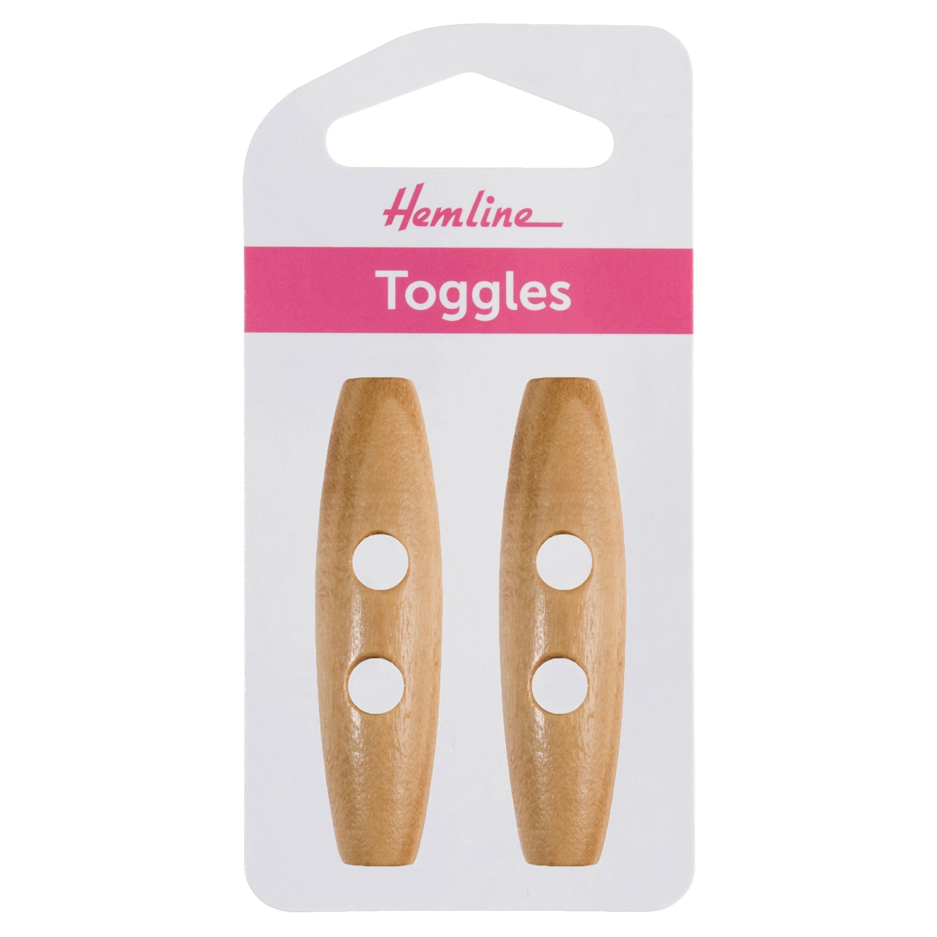 Pack of two 50mm natural wood toggle buttons with a two-hole design on a white card.