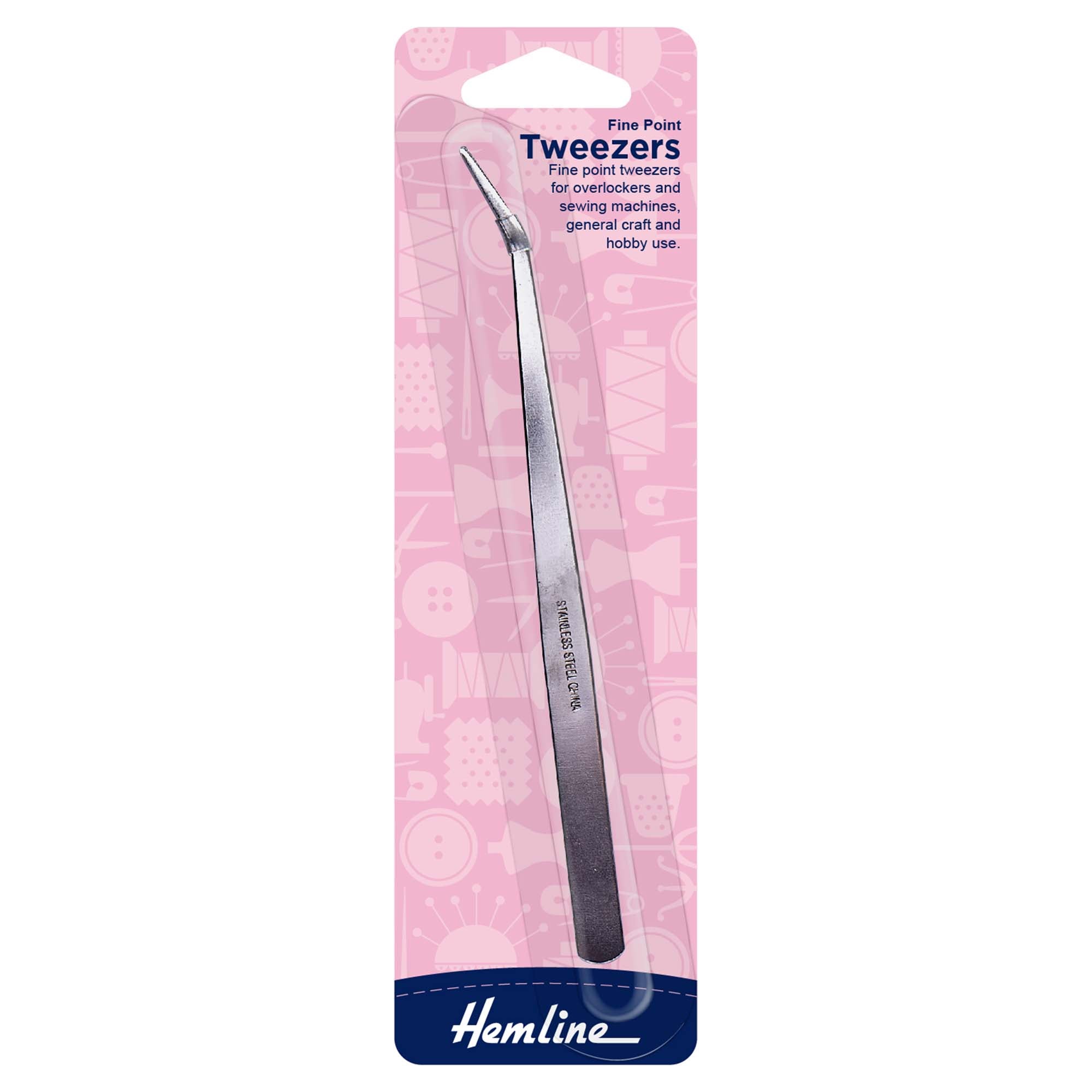 Hemline Fine Point Tweezers in pink packaging, ideal for sewing machines and general craft use.