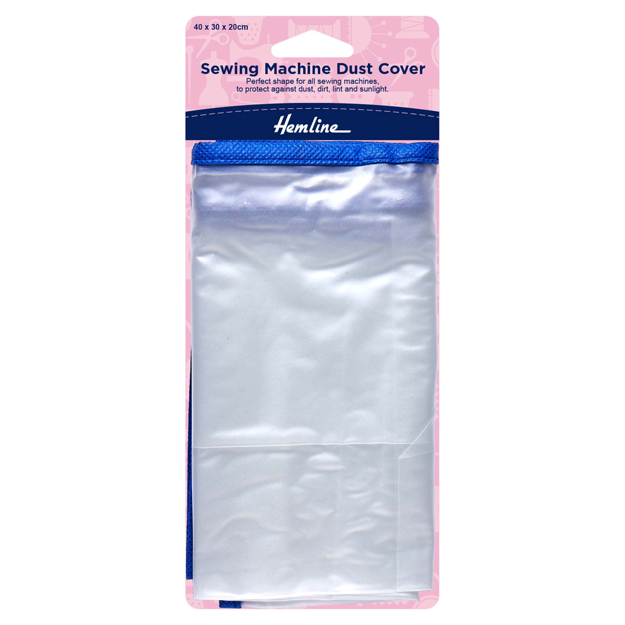 Hemline Sewing Machine Dust Cover in clear PVC with blue trim, measuring 40 x 30 x 20cm.
