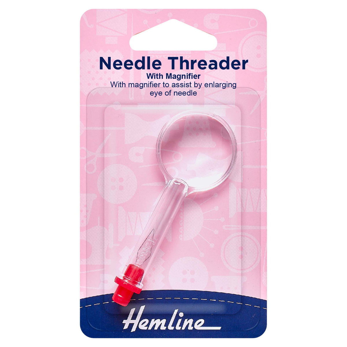 Hemline Needle Threader with Magnifier in pink and blue retail packaging.