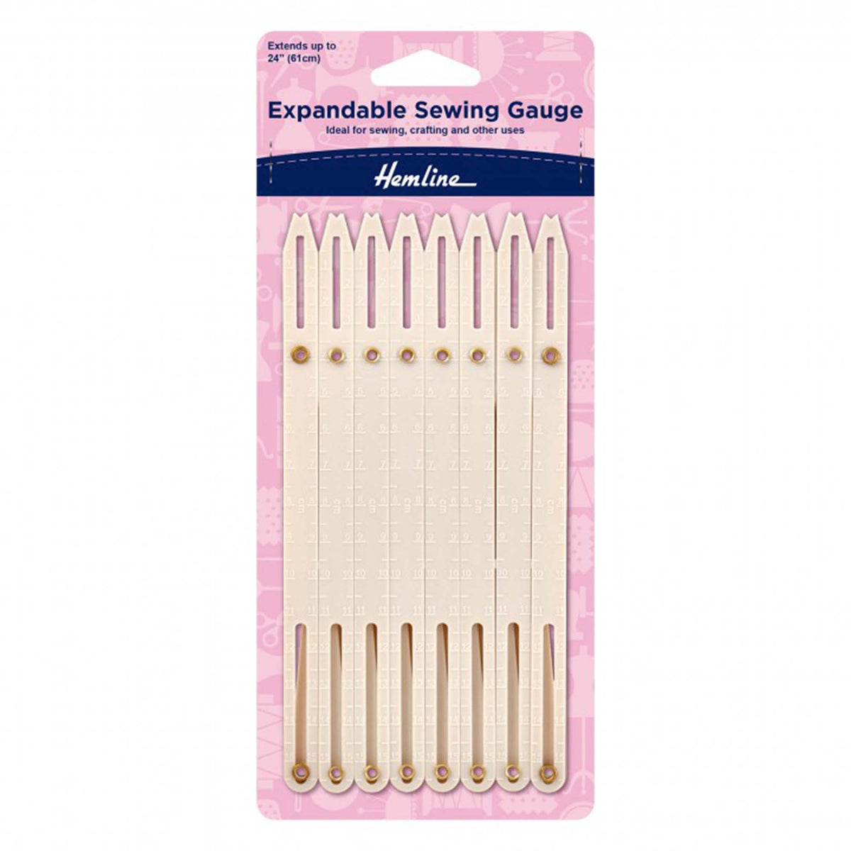 Hemline Expandable Sewing Gauge in pink packaging, showing the cream plastic tool with markings.