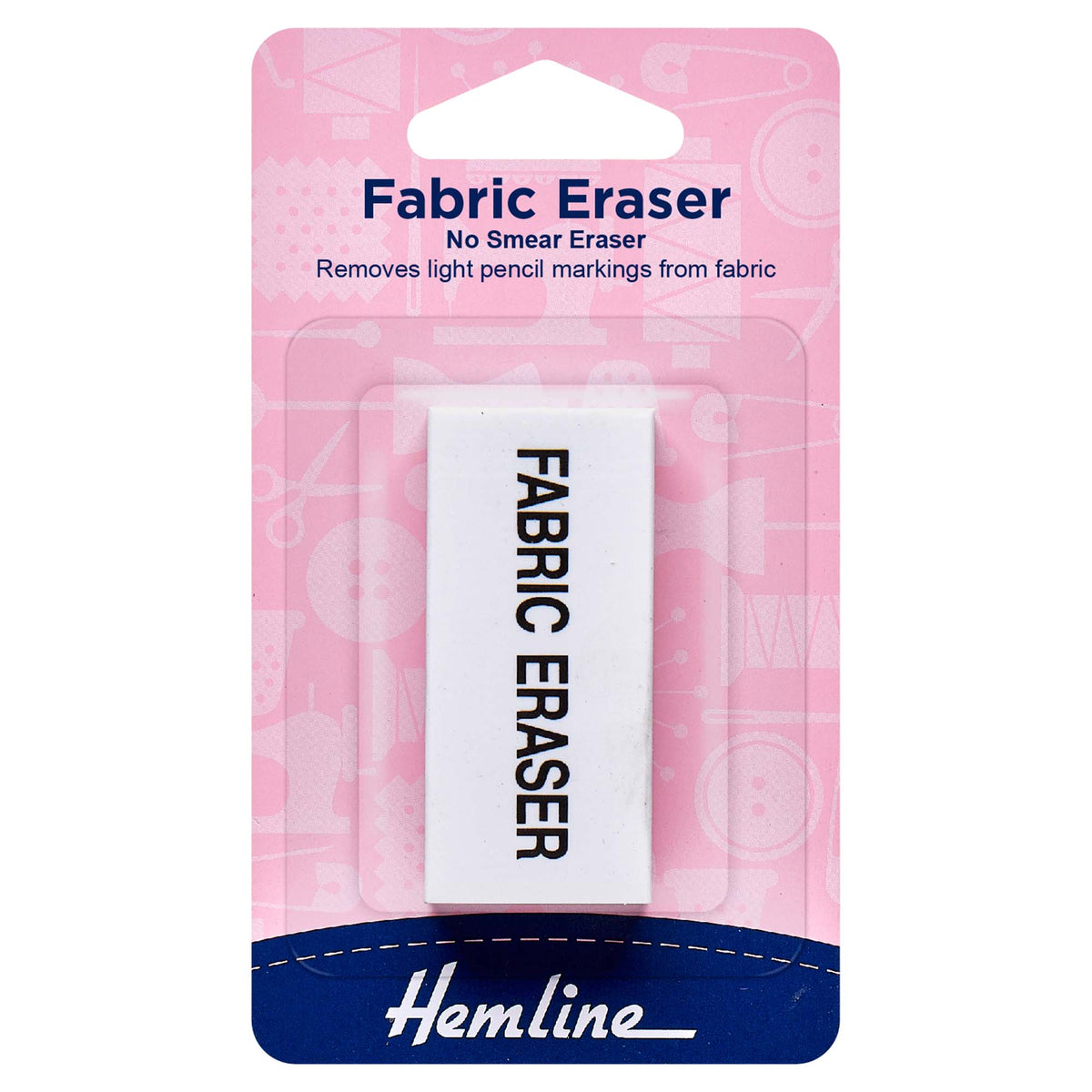 Hemline Fabric Eraser in pink packaging, designed to remove light pencil markings from fabric.
