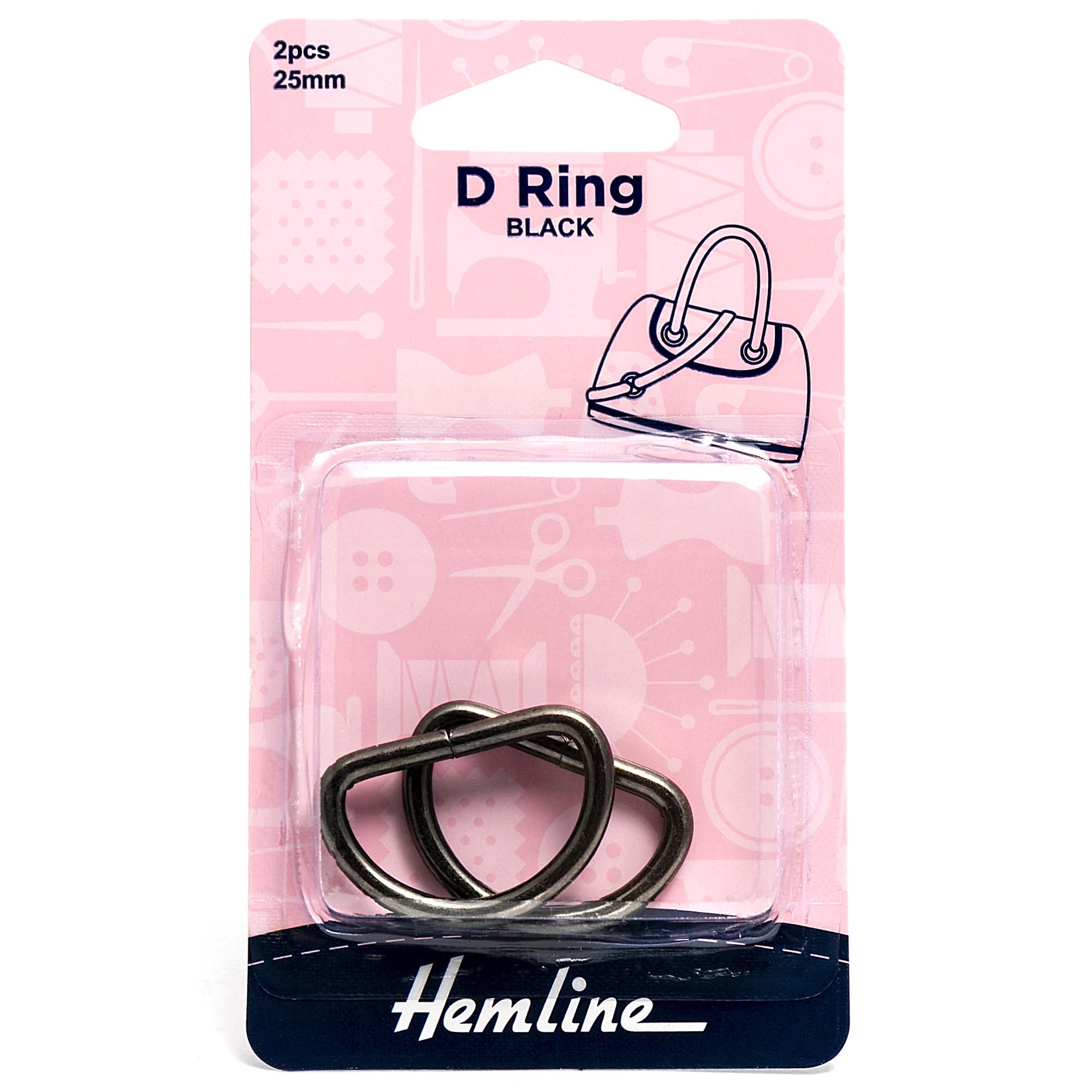 Hemline pack of two 25mm nickel black D-rings for belts and straps.