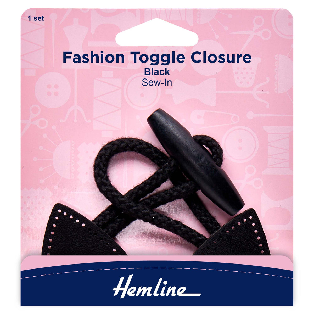 Hemline black sew-in fashion toggle closure with faux leather tabs, cotton cord, and wooden toggle.